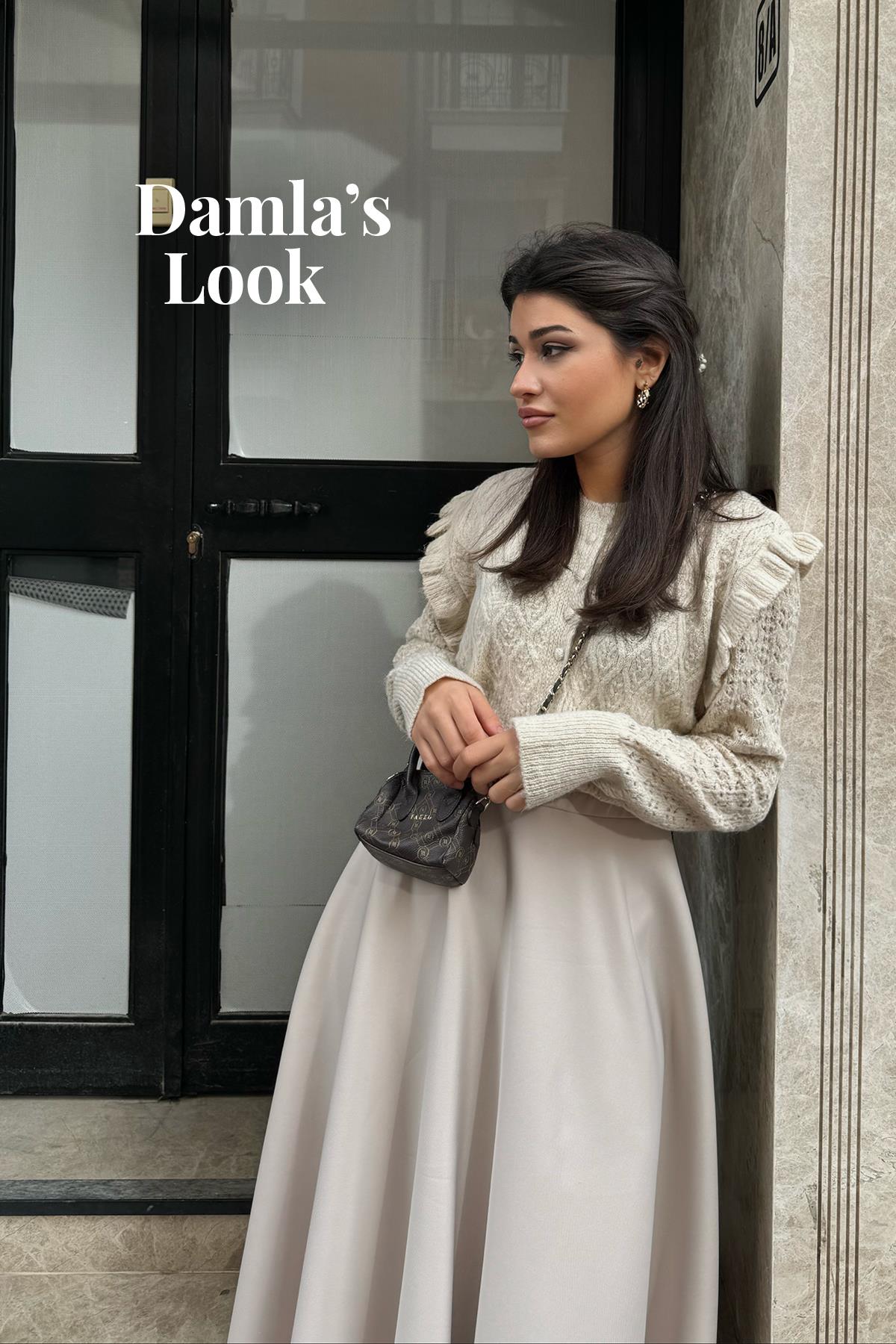 DAMLA'NIN CİNDY FIRFIRLI ÖRME HIRKA VE PANDORA SKUBA KLOŞ ETEK KOMBİNİ 