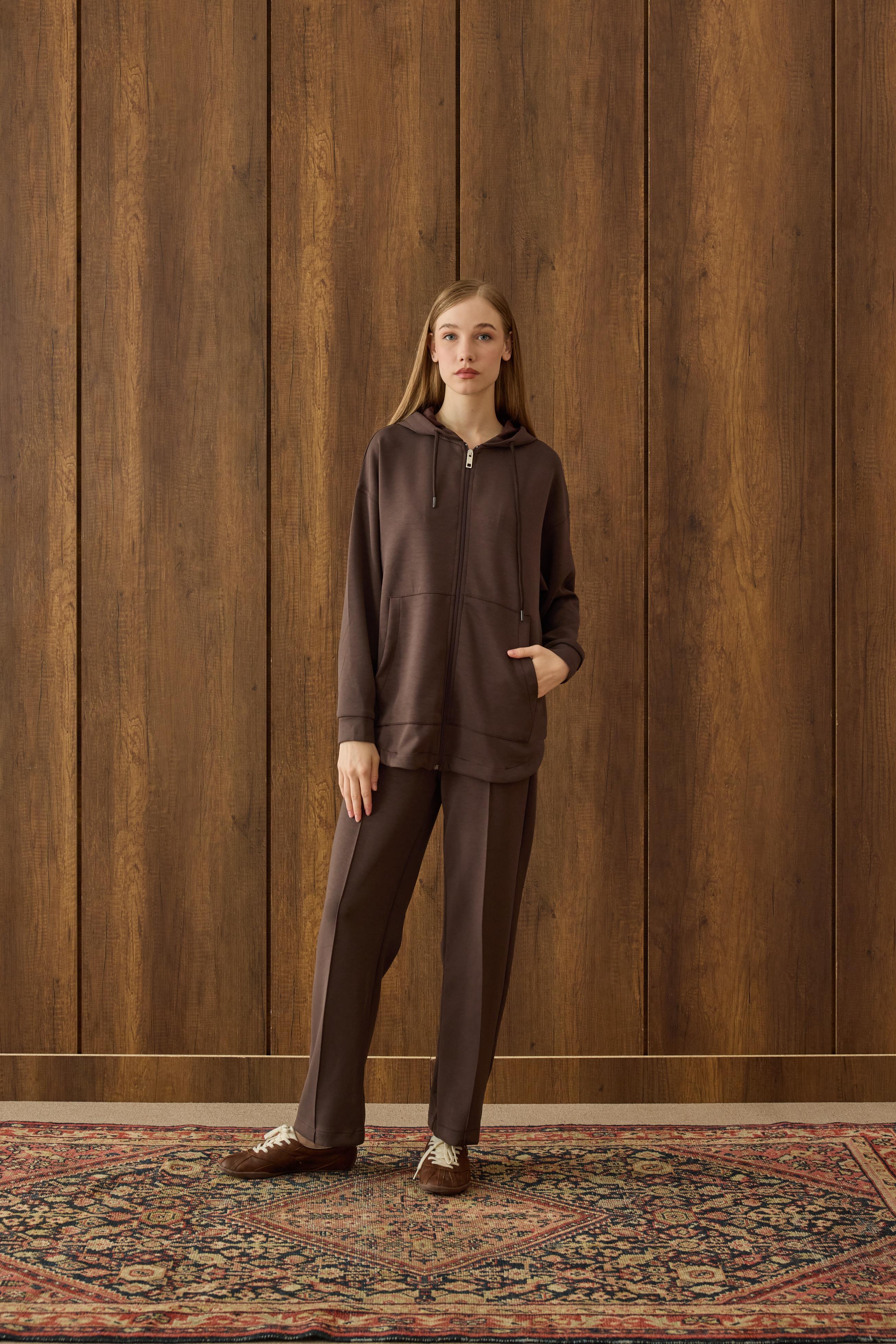 Davina Kapüşonlu Fermuarlı Takım - Kahverengi