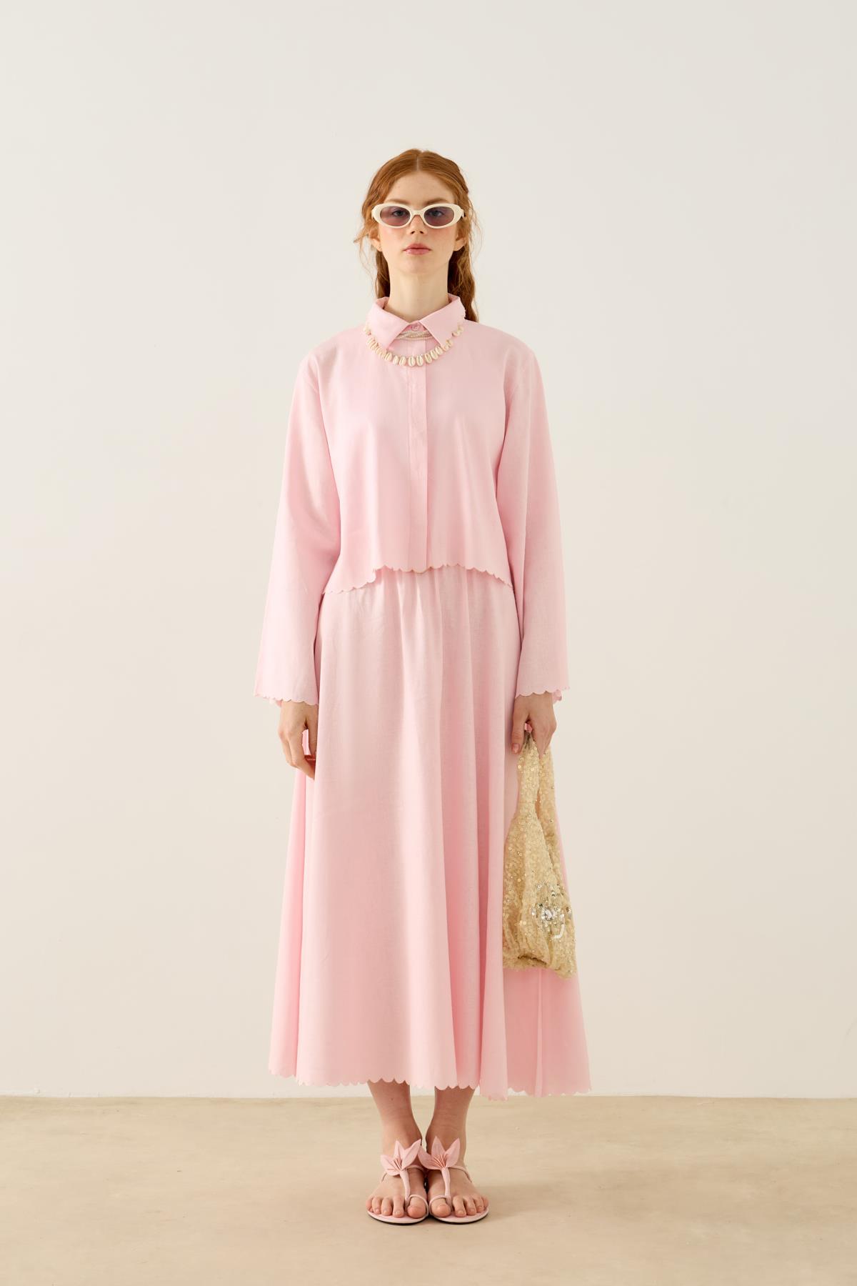 Dehlina Nakışlı Keten Takım - Pembe