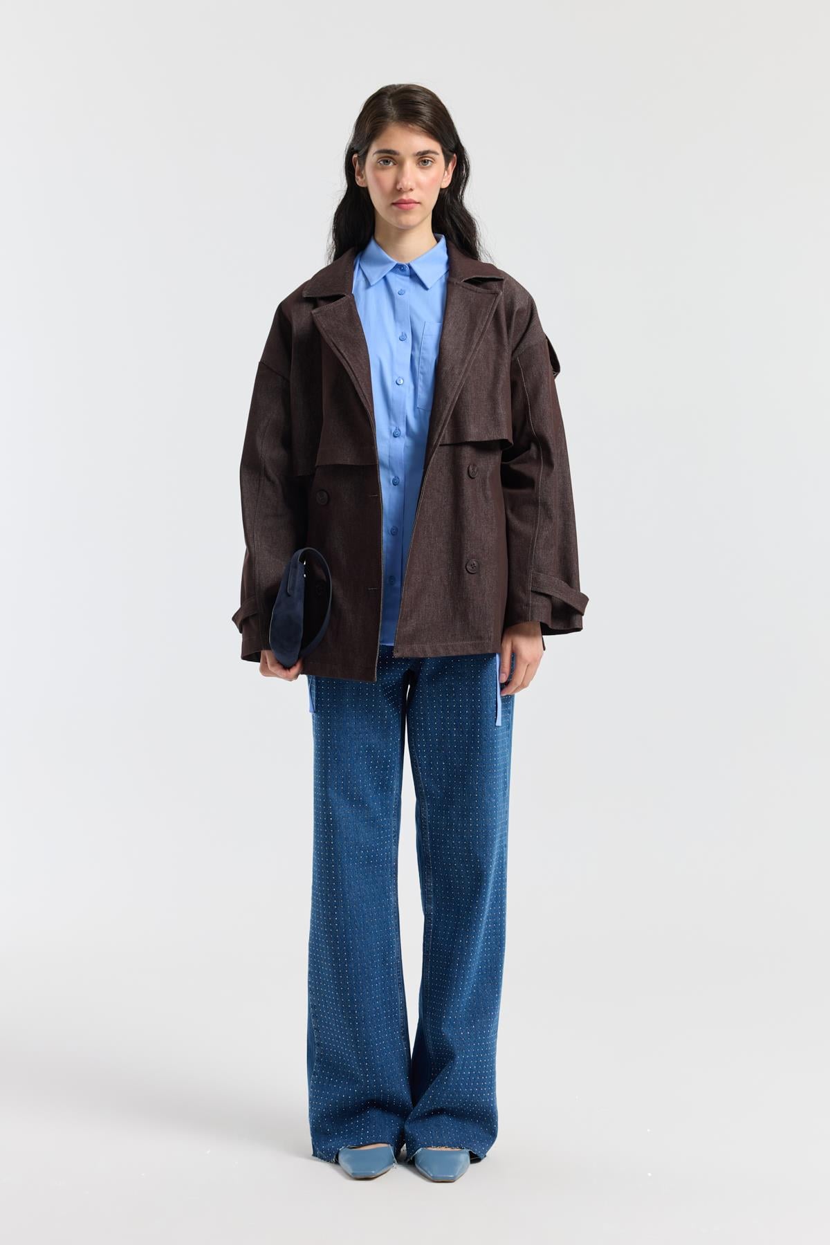 Denim Allerli Trençkot - Mürdüm 