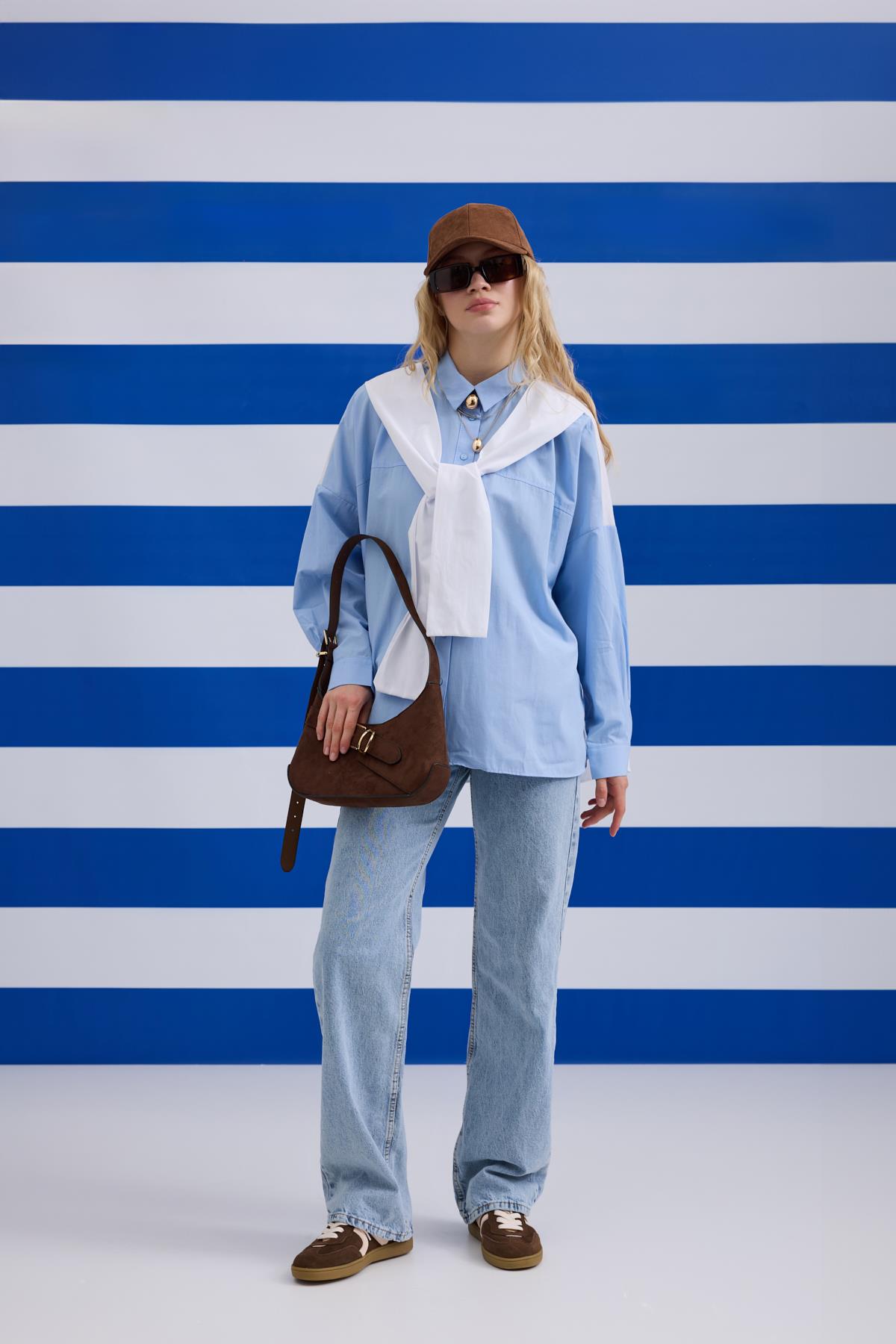 Denim Palazzo Pantolon - Buz Mavi