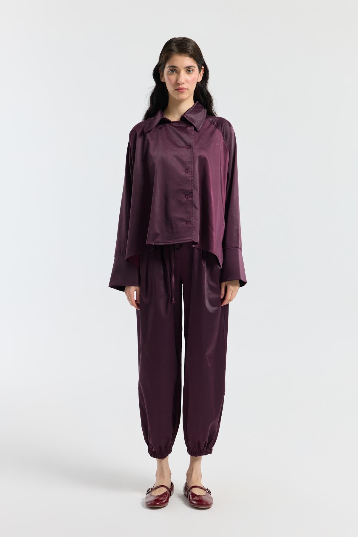 Devin Kruvaze Kapamalı Saten Takım  - Mürdüm