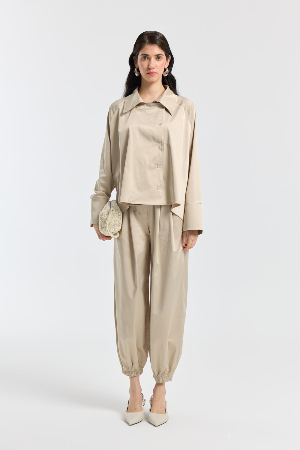 Devin Kruvaze Kapamalı Saten Takım - Taş