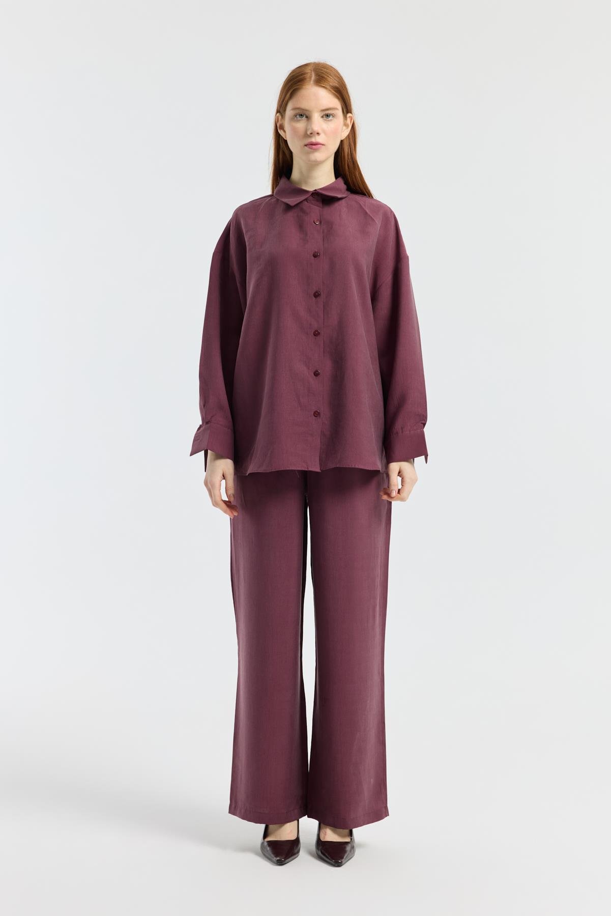 Dosha Arka Düğme Detaylı Tensel Takım - Bordo 