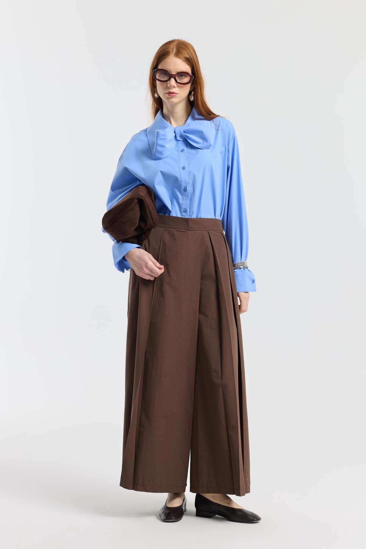 Elara Pileli Poplin Pantolon - Kahverengi