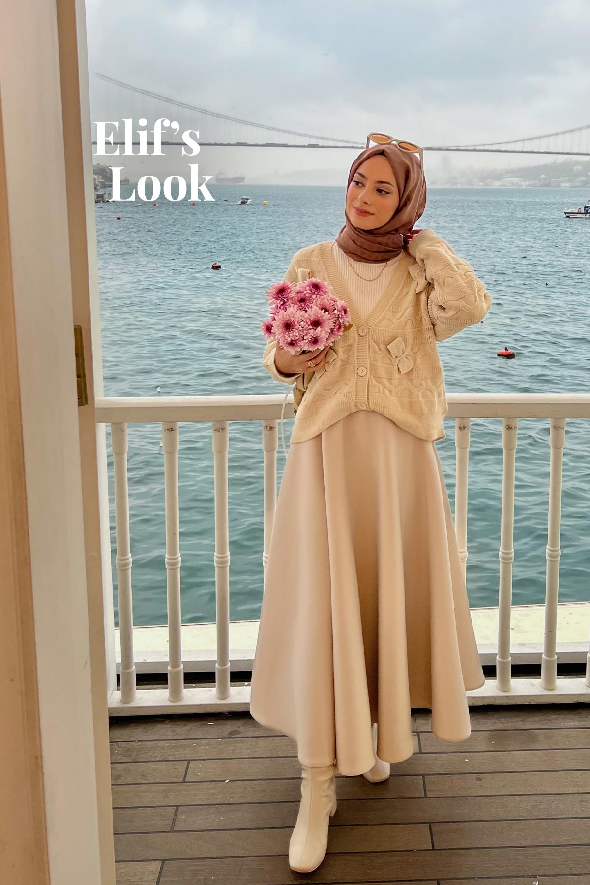 ELİF'İN PANDORA SCUBA KLOŞ ETEK VE CHİARA FİYONK DETAYLI HIRKA KOMBİNİ