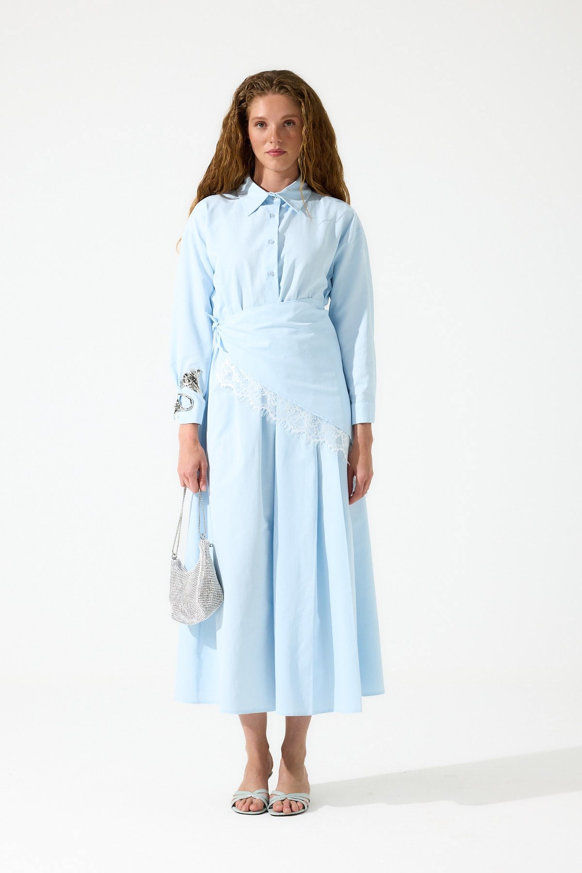 Emilia Dantel Parçalı Poplin Elbise - Mavi