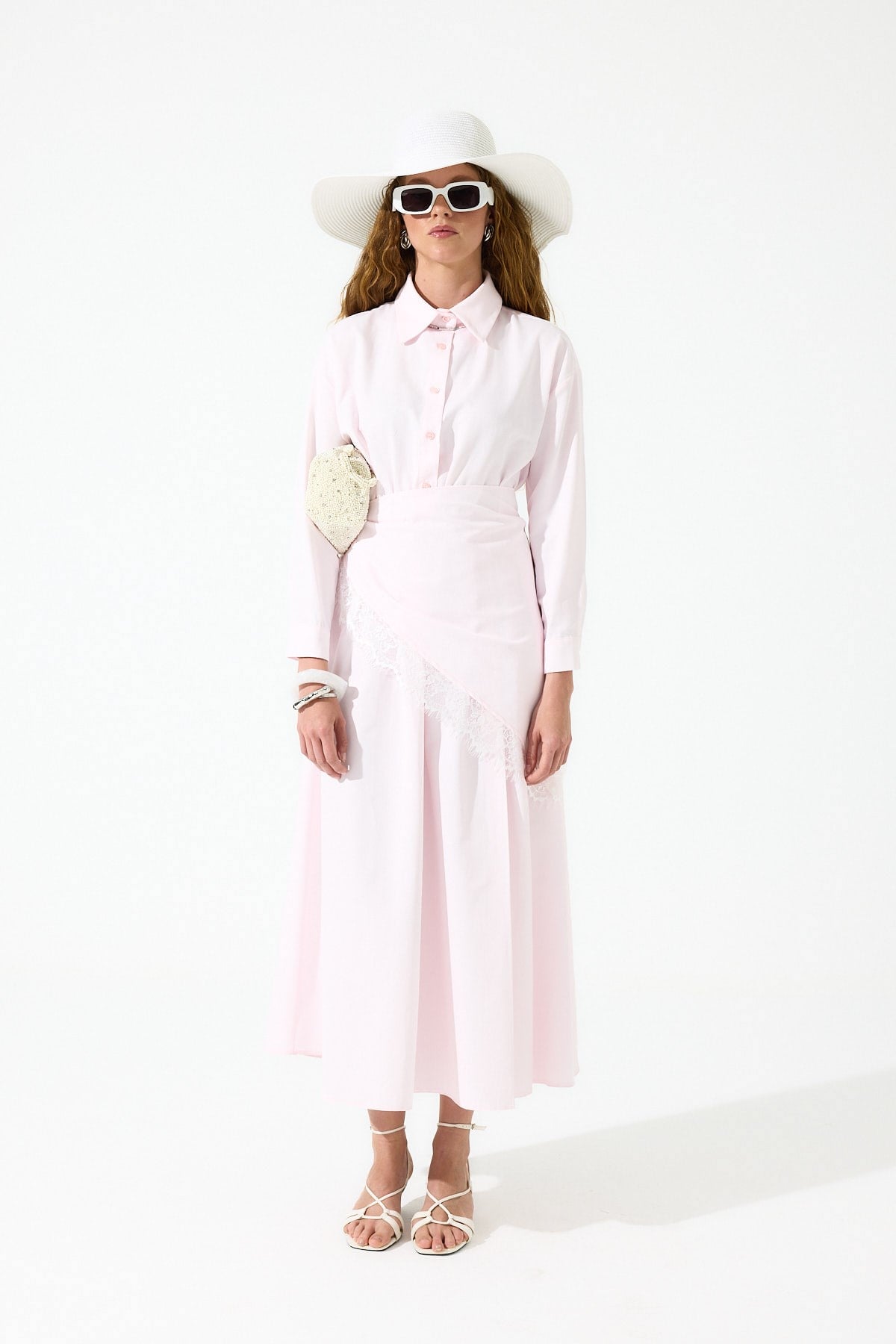 Emilia Dantel Parçalı Poplin Elbise - Pembe 