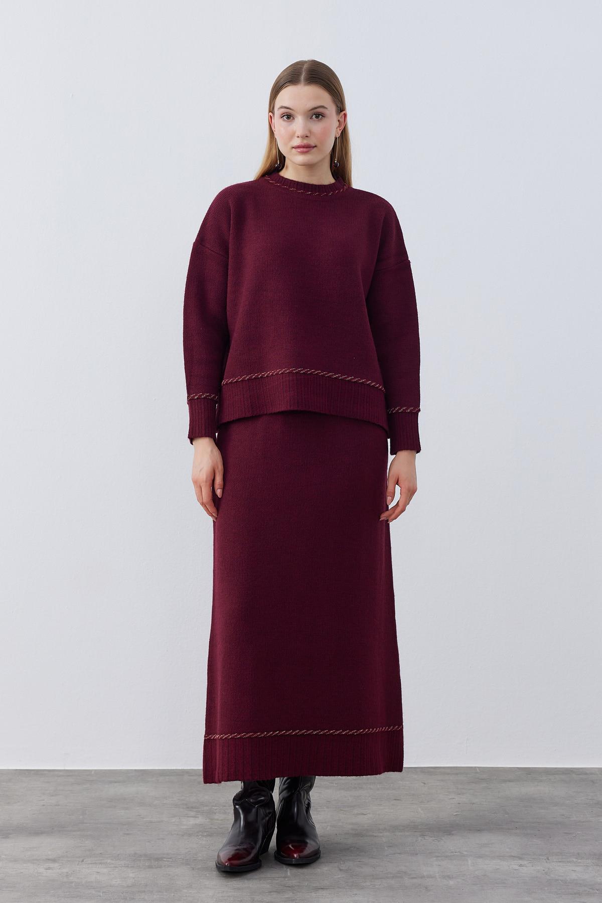 Emina Gold Biyeli Örme Triko Takım - Bordo