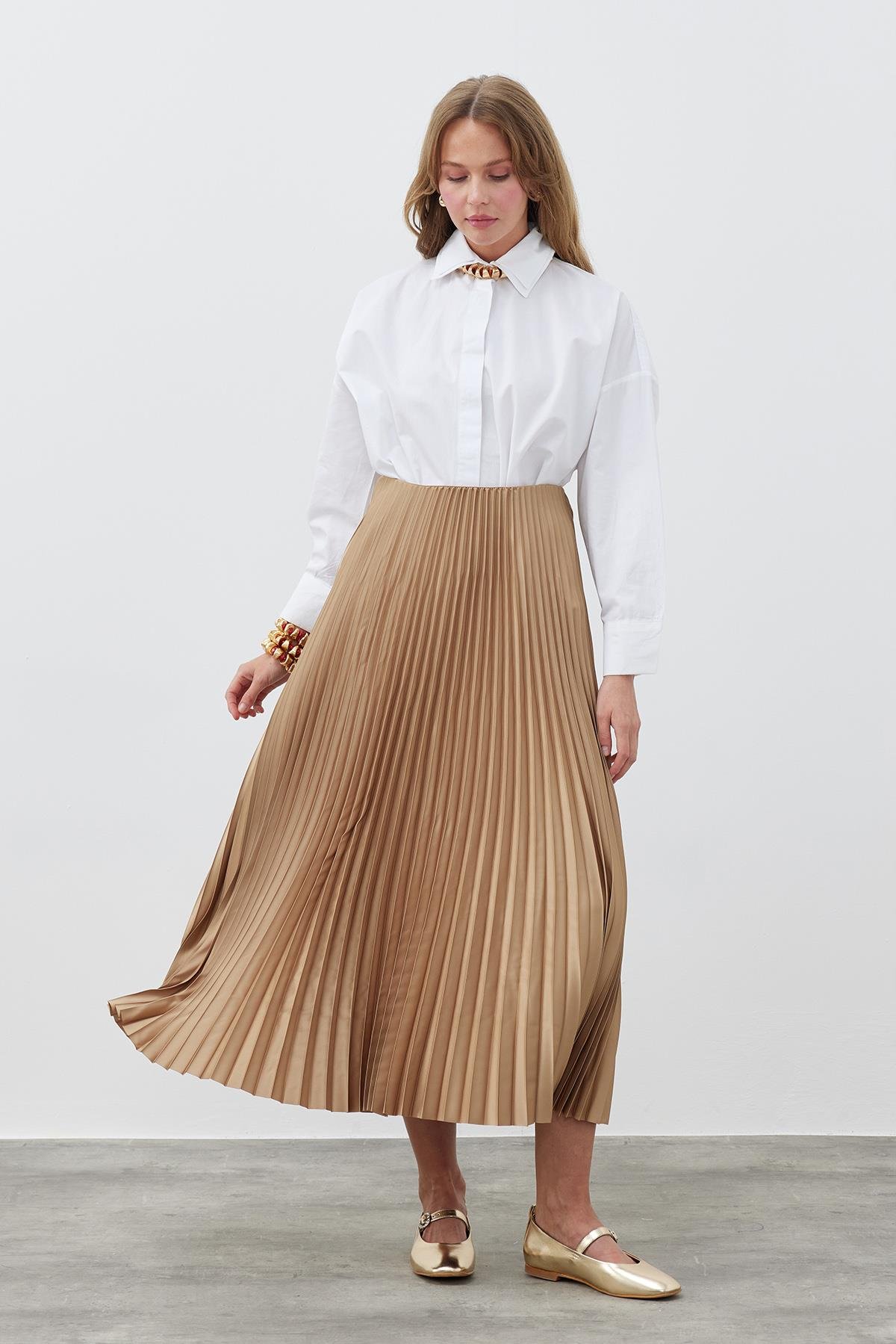 EMY PLİSOLE ETEK - CAMEL 