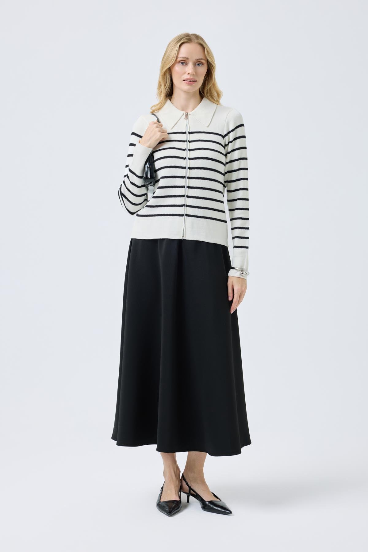 Eris Fermuarlı Çizgili Hırka - Ekru