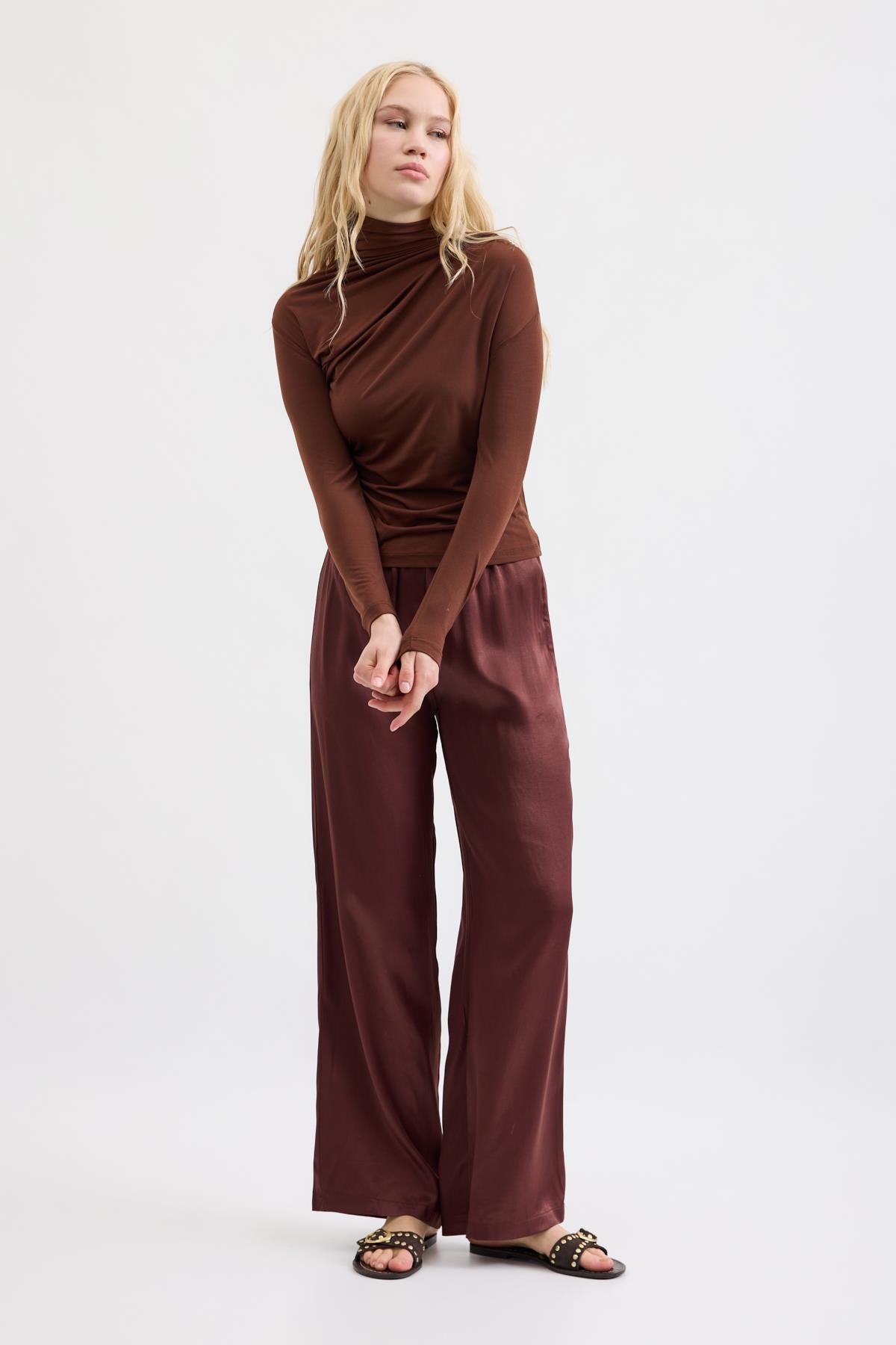 Eva Saten Lastikli Pantolon - Bordo