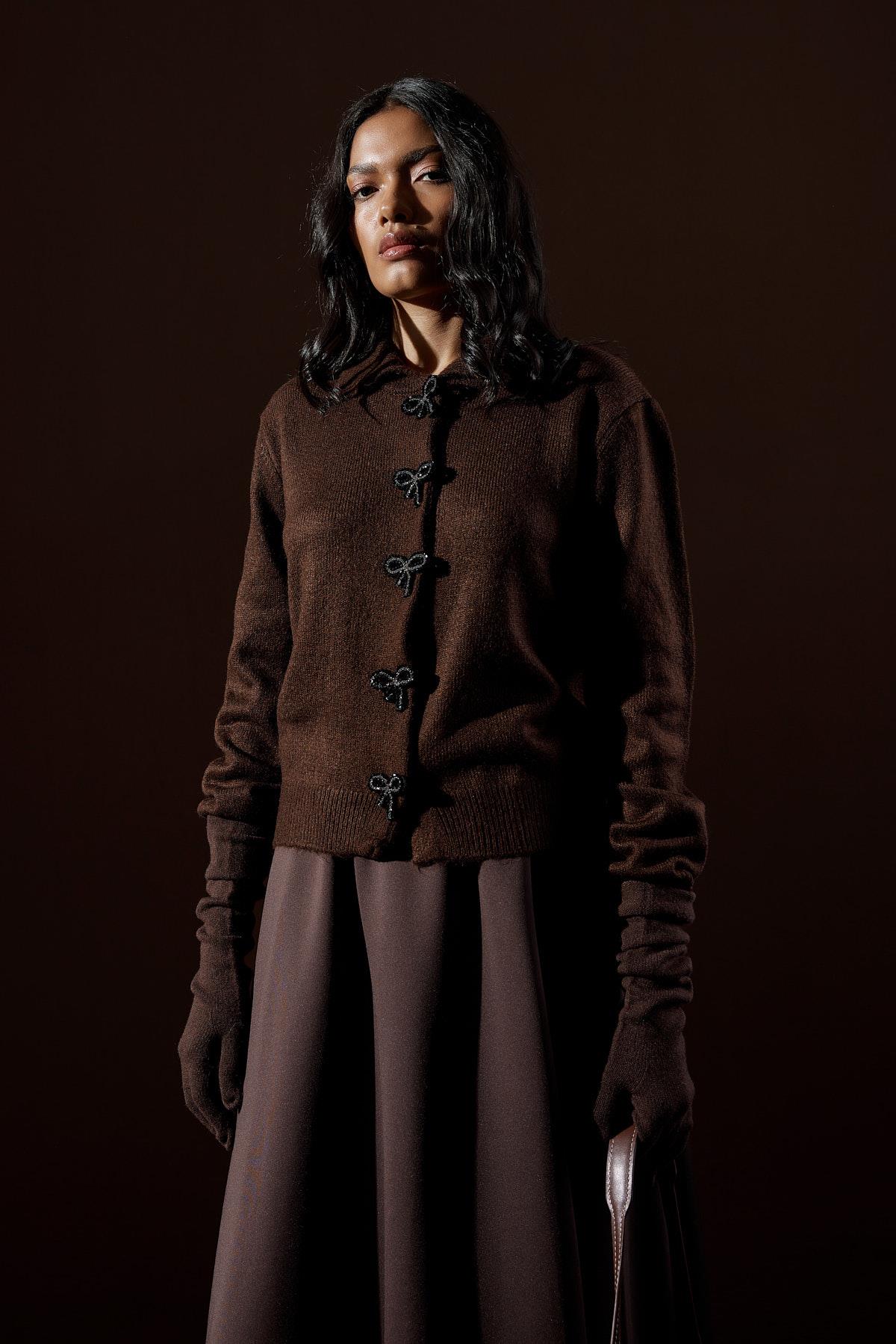 Evelina Fiyonk Detaylı Yün Karışımlı Triko Hırka- Acı kahve