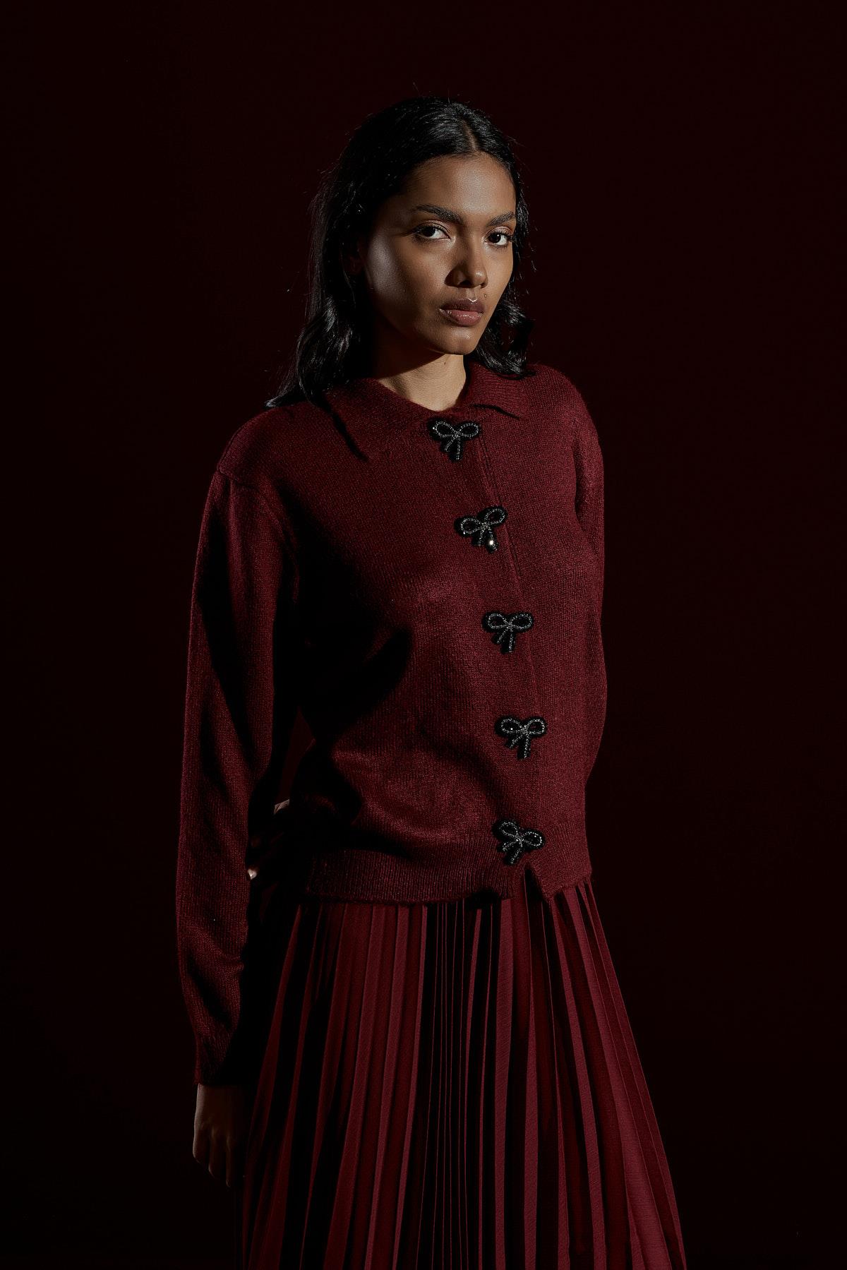 Evelina Fiyonk Detaylı Yün Karışımlı Triko Hırka- Bordo