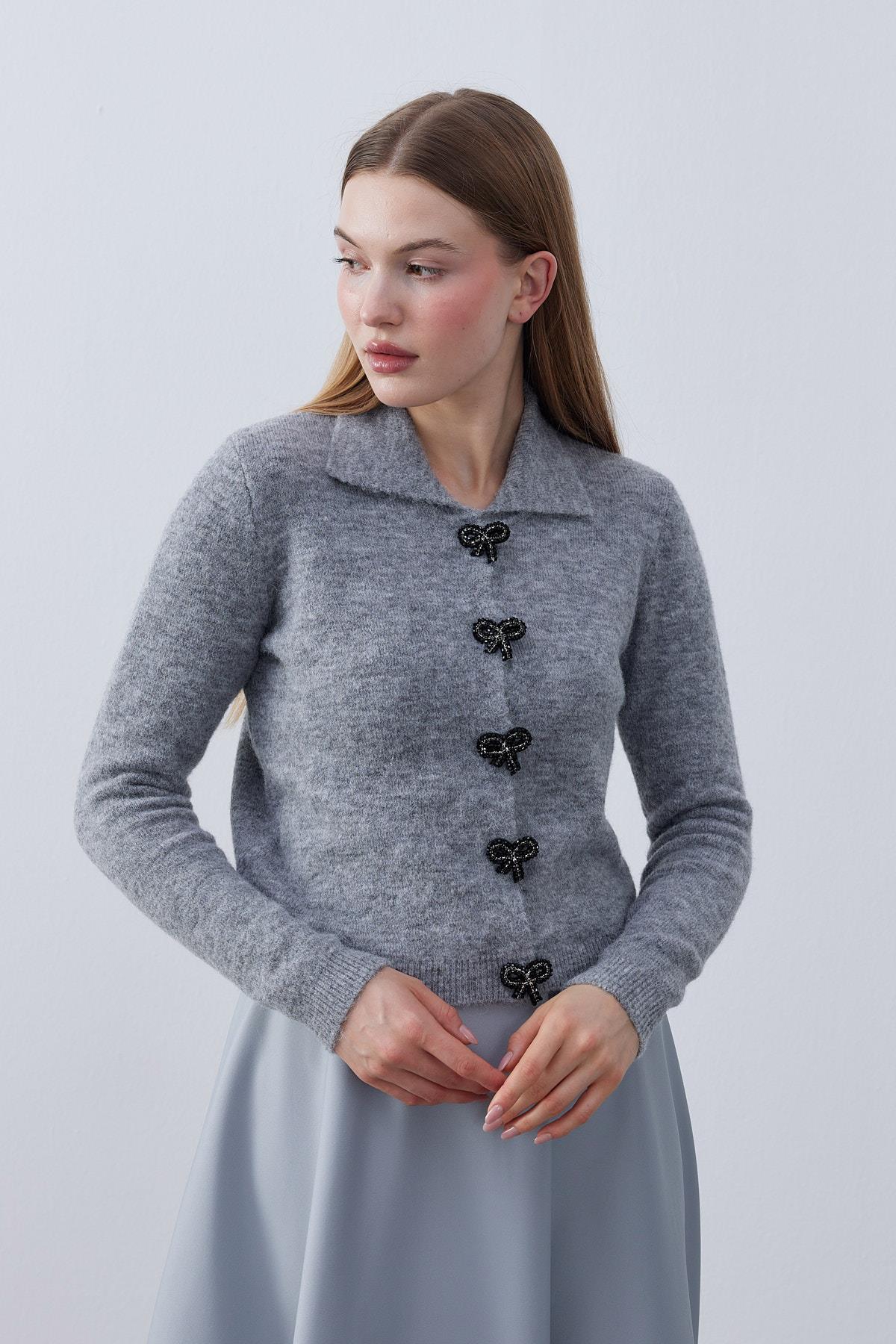 Evelina Fiyonk Detaylı Yün Karışımlı Triko Hırka- Gri 