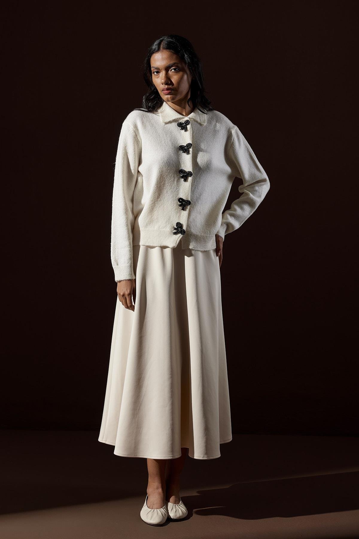 Evelina Fiyonk Detaylı Yün Karışımlı Triko Hırka-Ekru