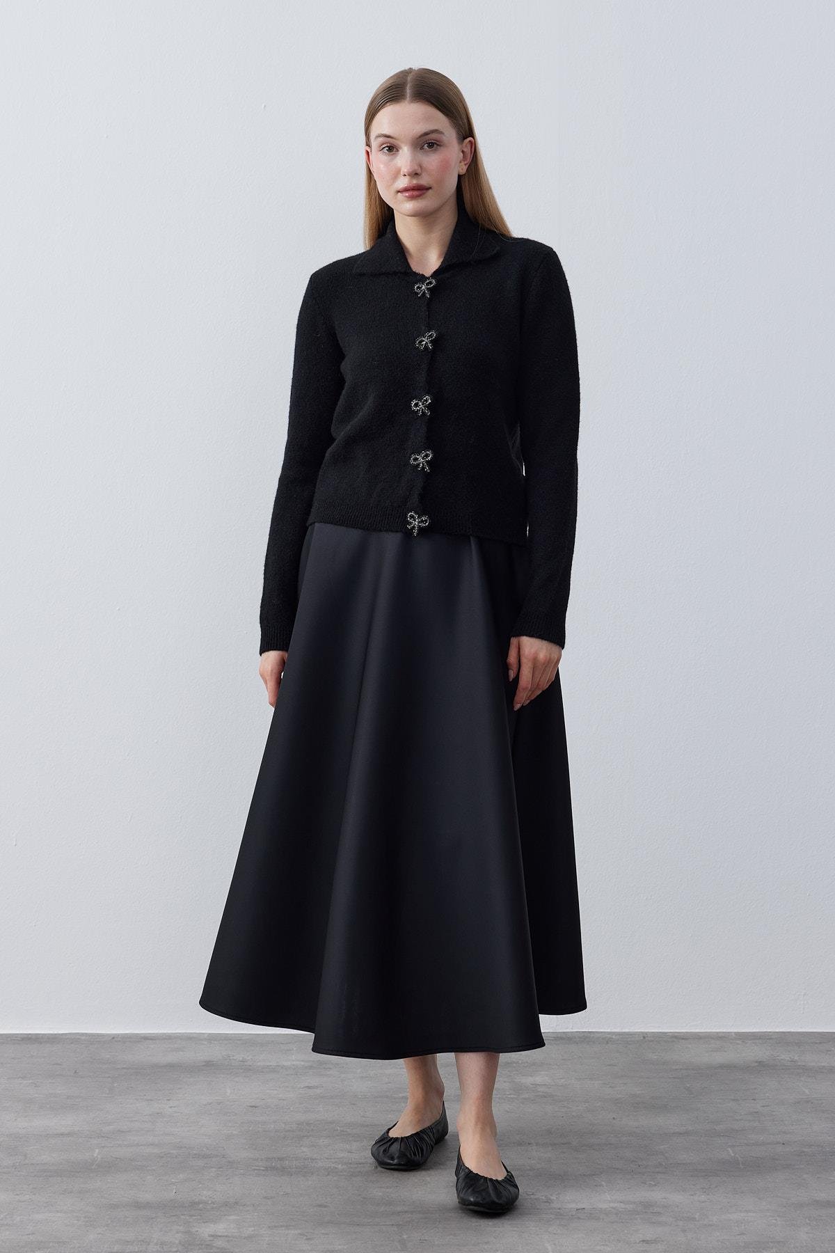 Evelina Fiyonk Detaylı Yün Karışımlı Triko Hırka- Siyah