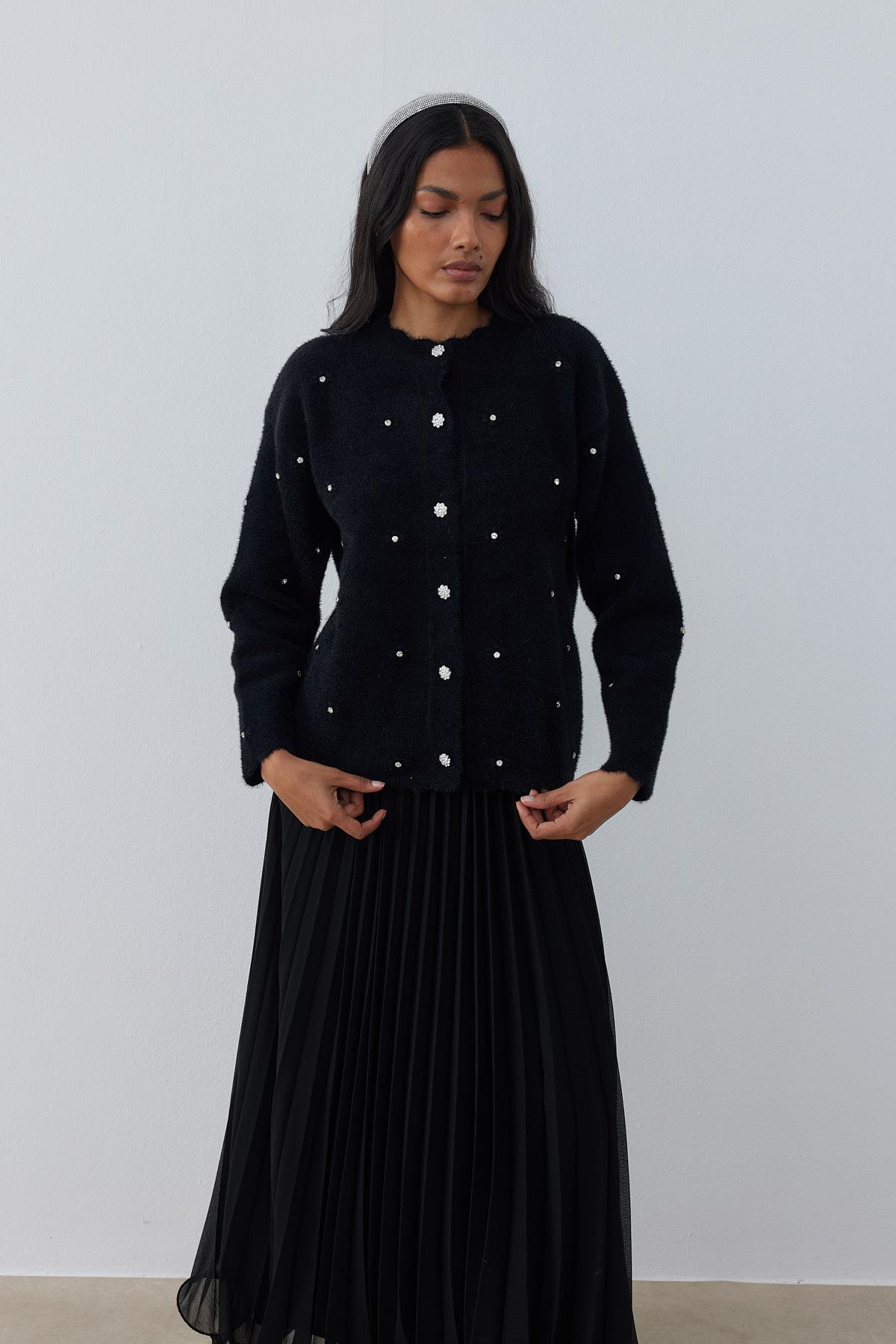 Fern Taş İşlemeli Angora Hırka- Siyah