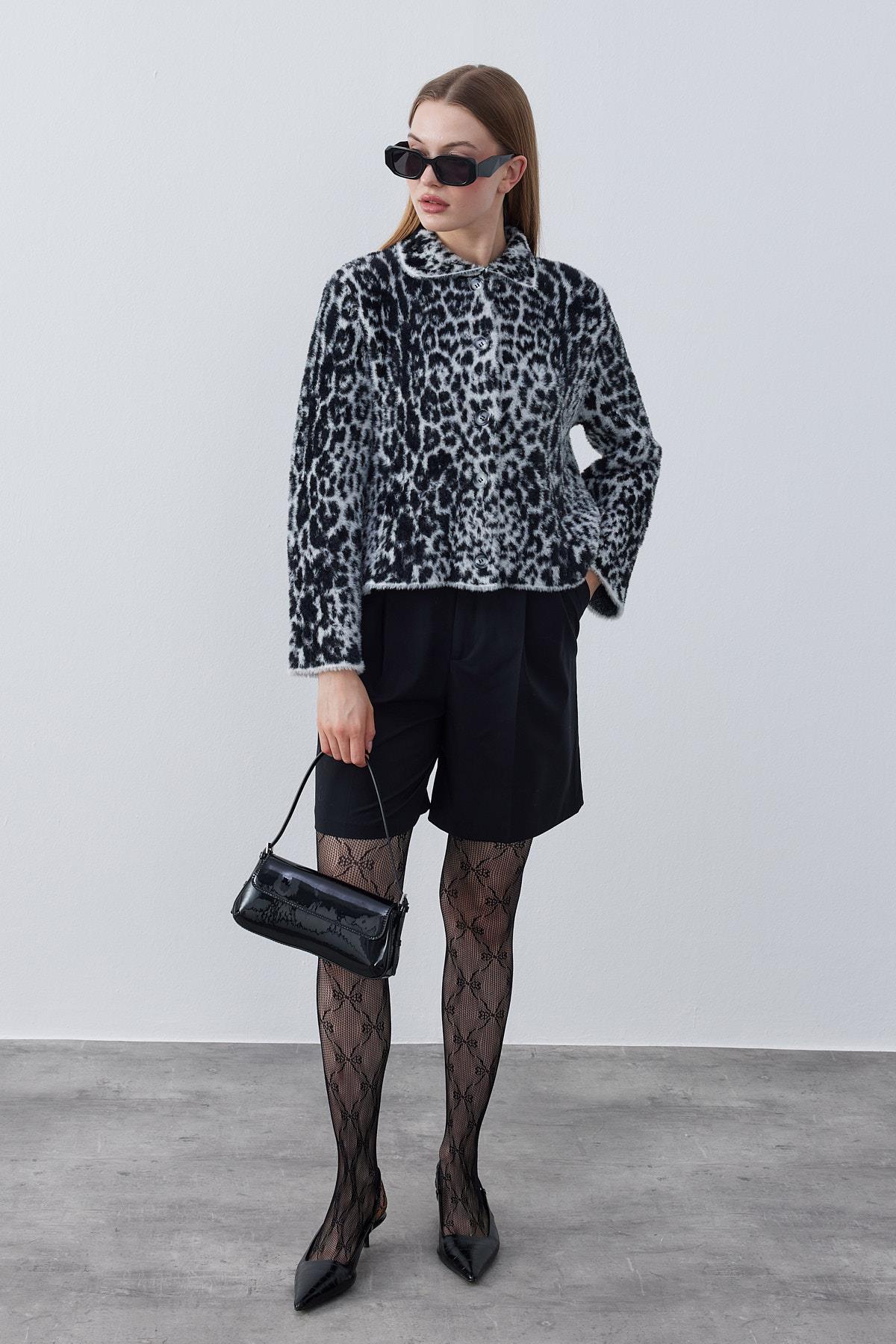 Fernley Leopar Angora Ceket - Beyaz