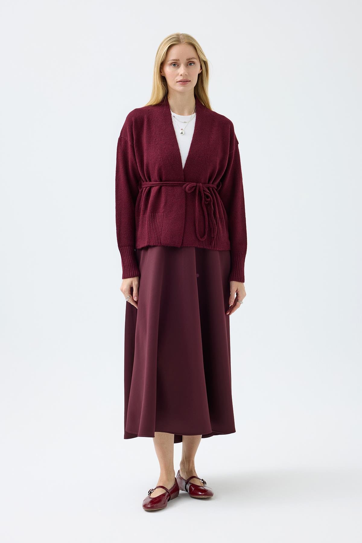 Frances Kemerli Triko Ceket - Bordo 