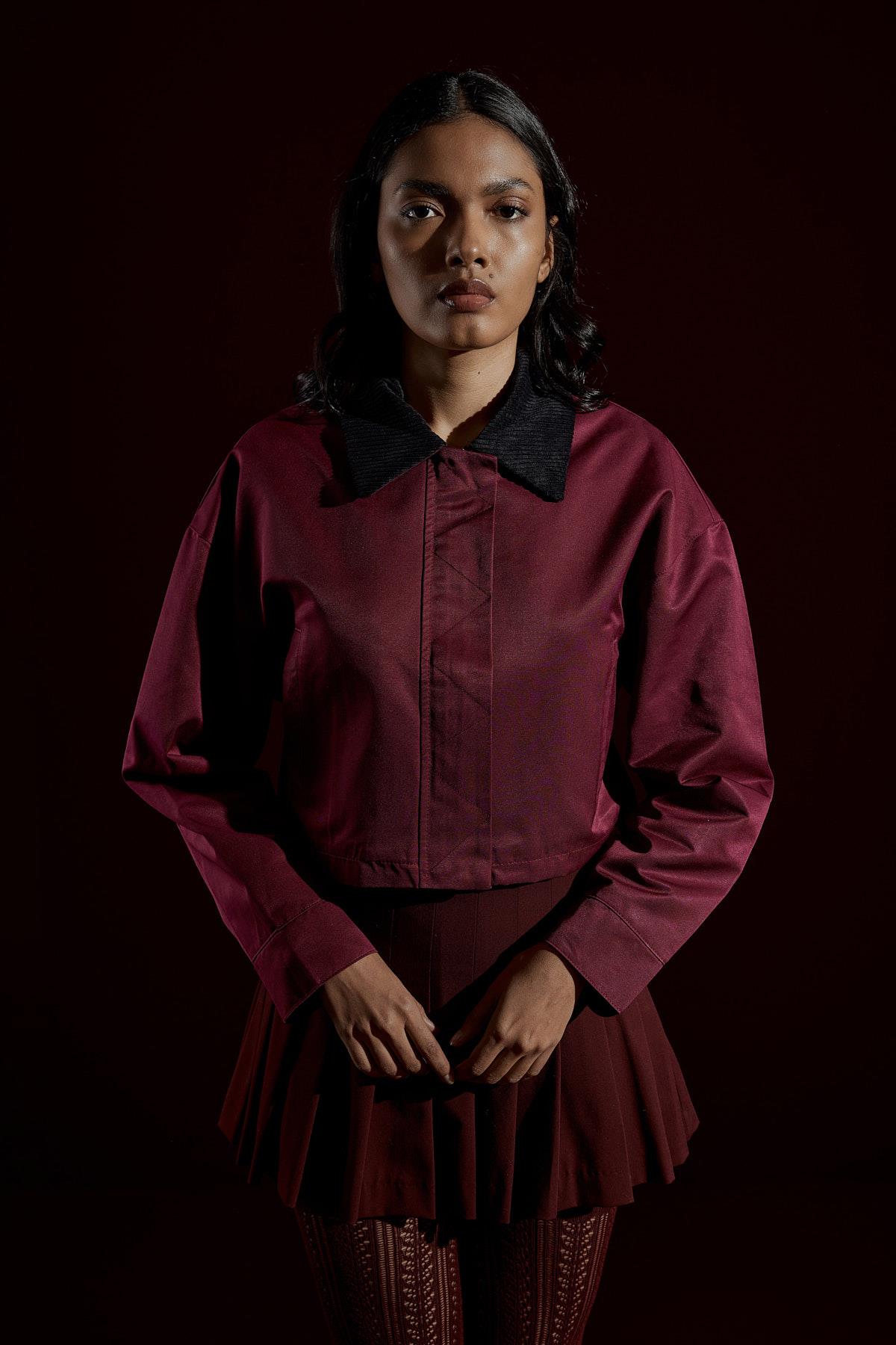 Genova Kadife Yakalı Gabardin Ceket- Bordo