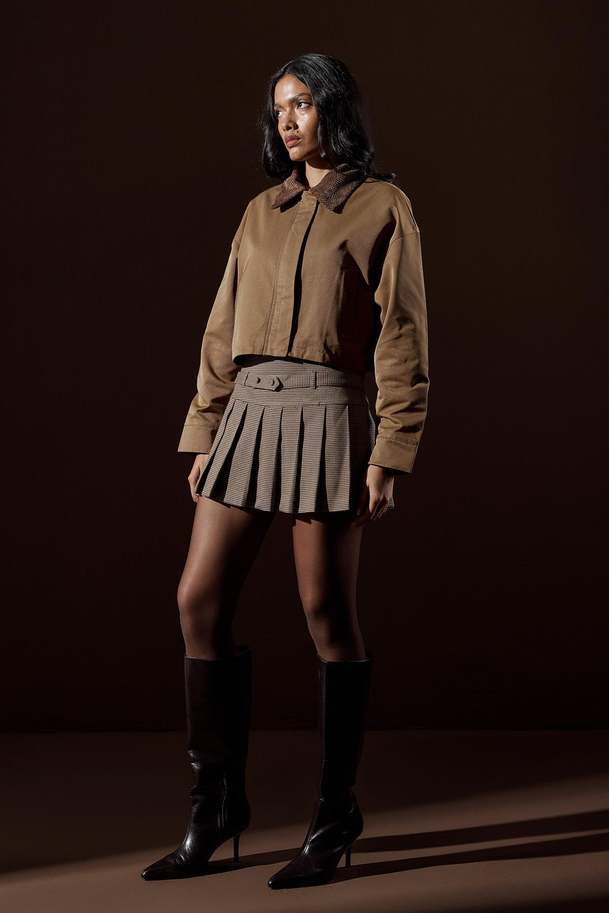 Genova Kadife Yakalı Gabardin Ceket- Haki