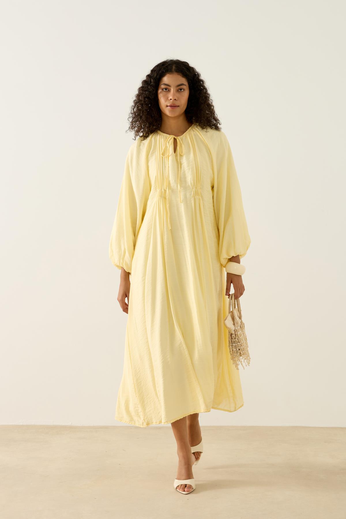 Georgina Balon Kol Büzgülü Elbise - Sarı