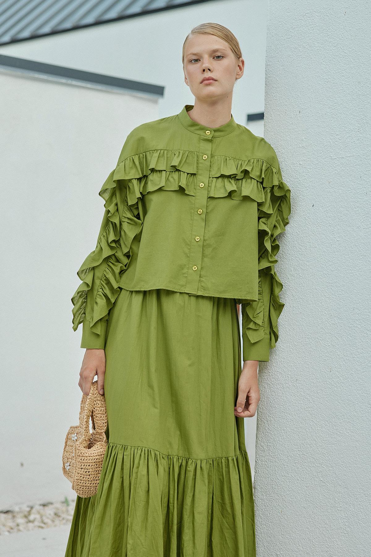 Grace Fırfırlı Pamuk Vual Gömlek -Elma Yeşil