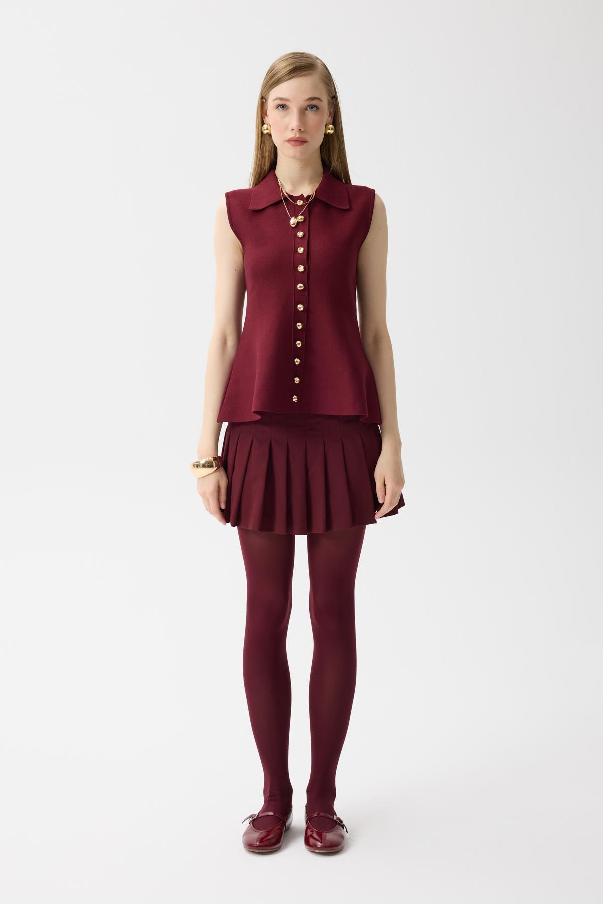 Harper Çelik Örme Düğmeli Yelek - Bordo 