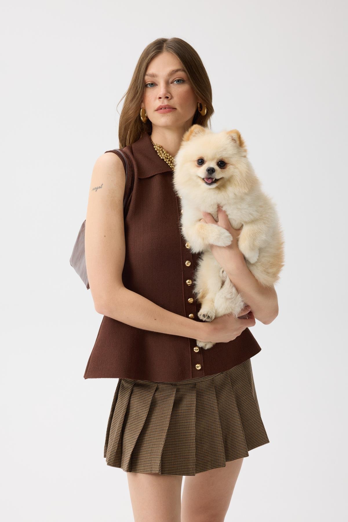 Harper Çelik Örme Düğmeli Yelek - Kahverengi 