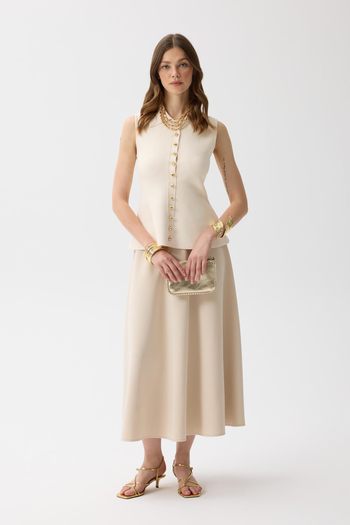 Harper Çelik Örme Düğmeli Yelek - Krem 