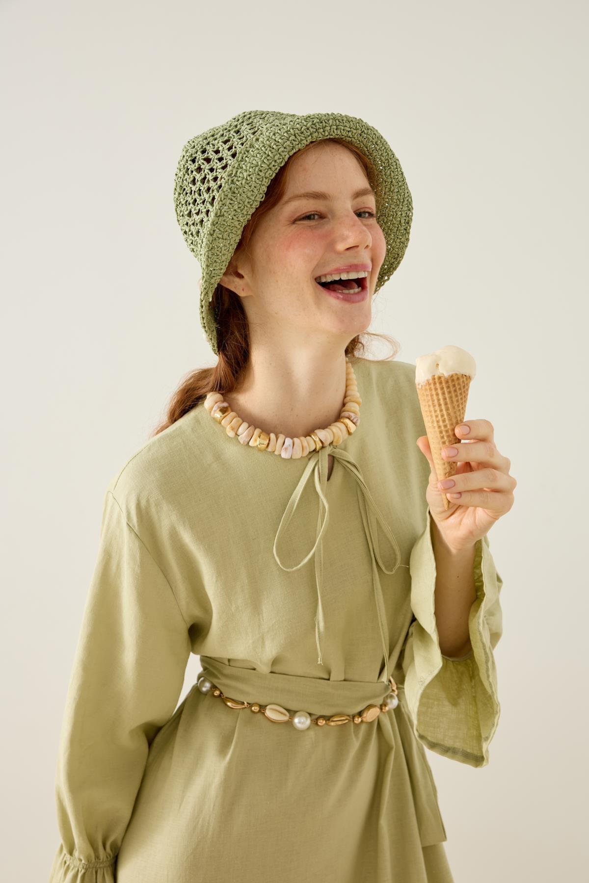 Isolde Kemerli Keten Elbise - Çağla