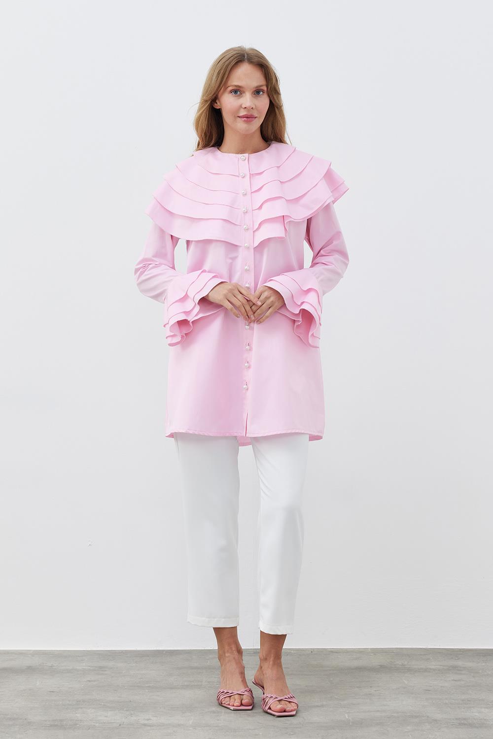 IVORY KAT YAKA İNCİ DÜĞMELİ GÖMLEK - PEMBE