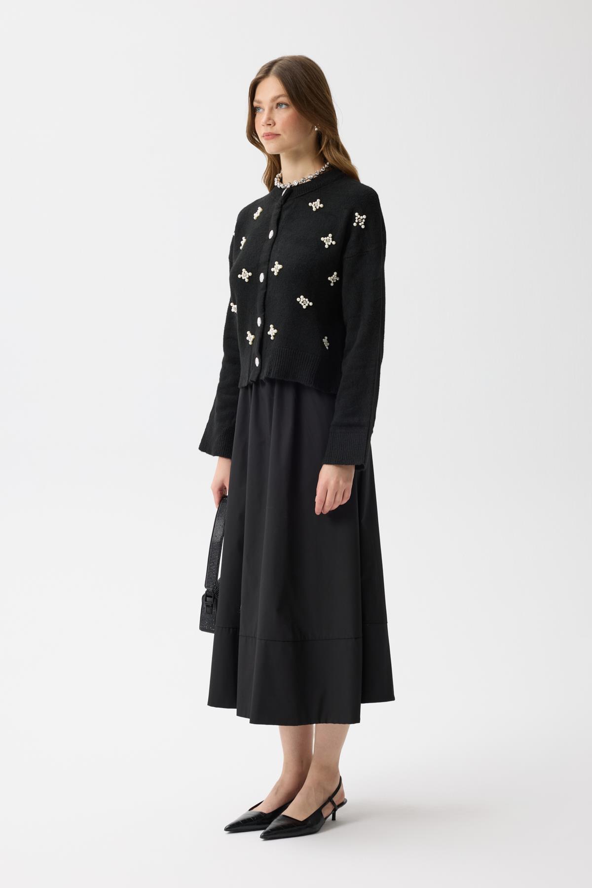 James Dikişli Kloş Poplin Etek - Siyah 