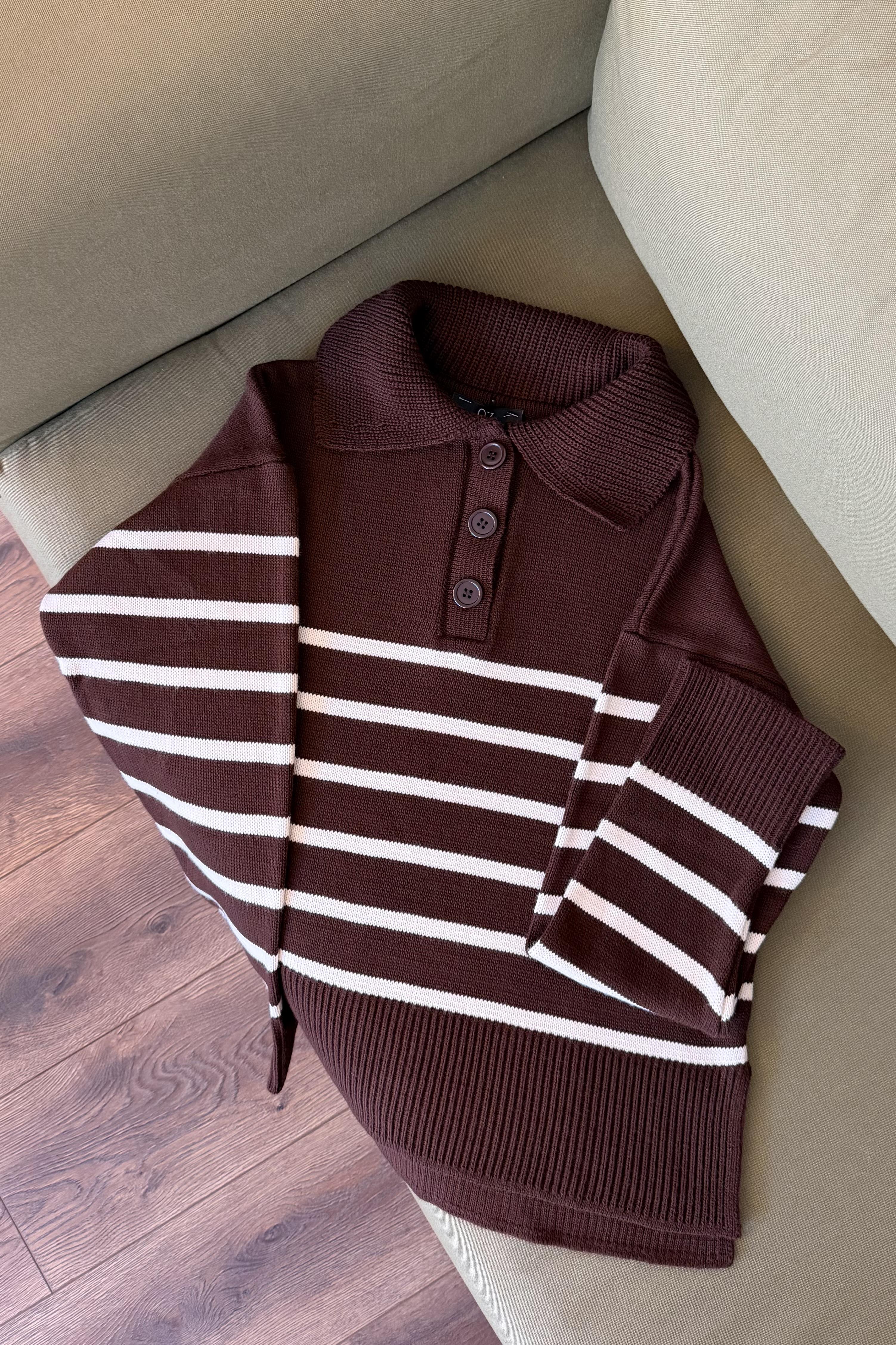 Jamie Çizgili Triko Hırka - Kahverengi 