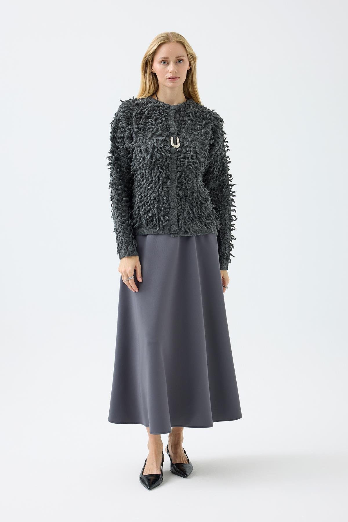 Jane Saçaklı Hırka - Antrasit 