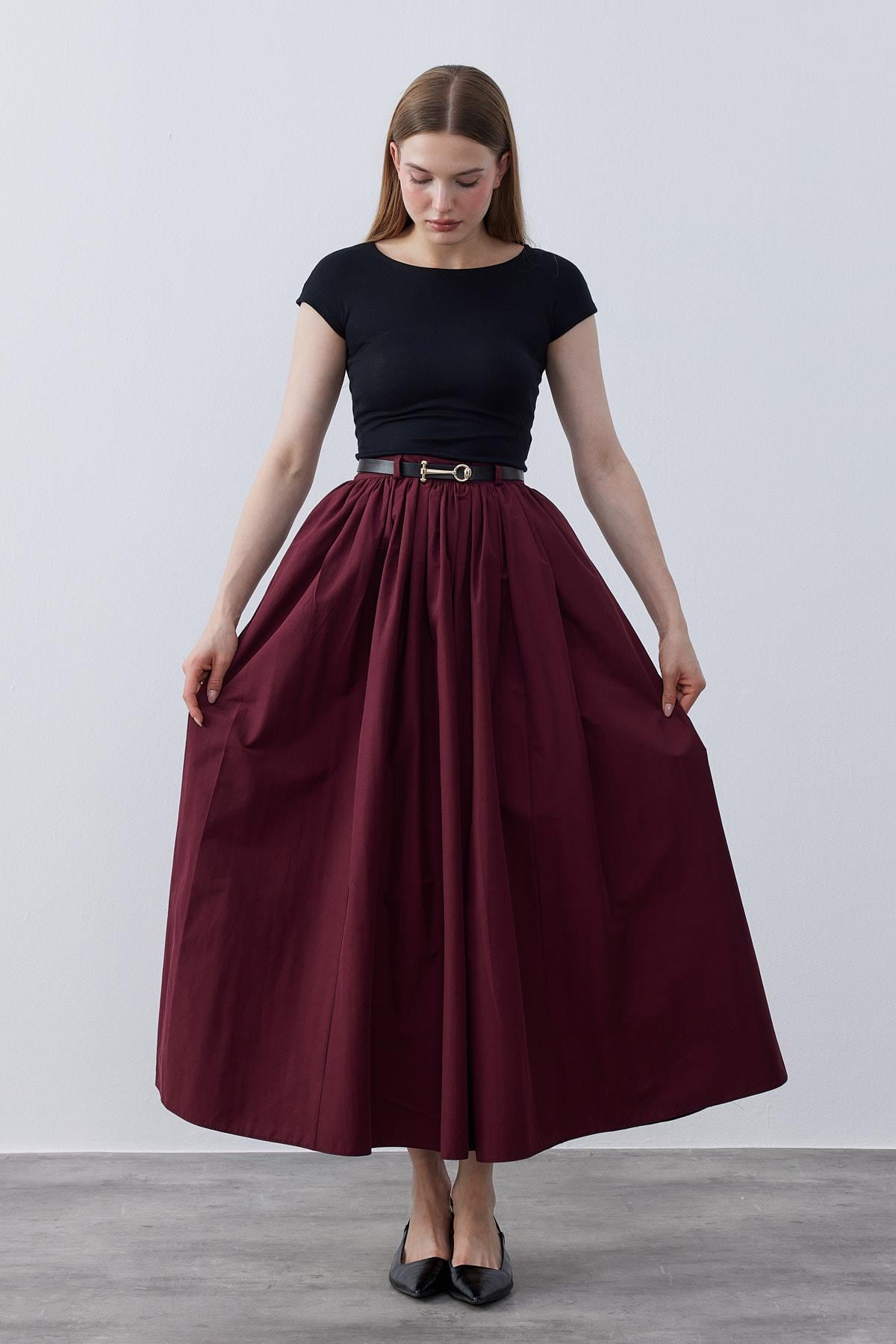 Jenny Sık Pile Gabardin Etek -Bordo