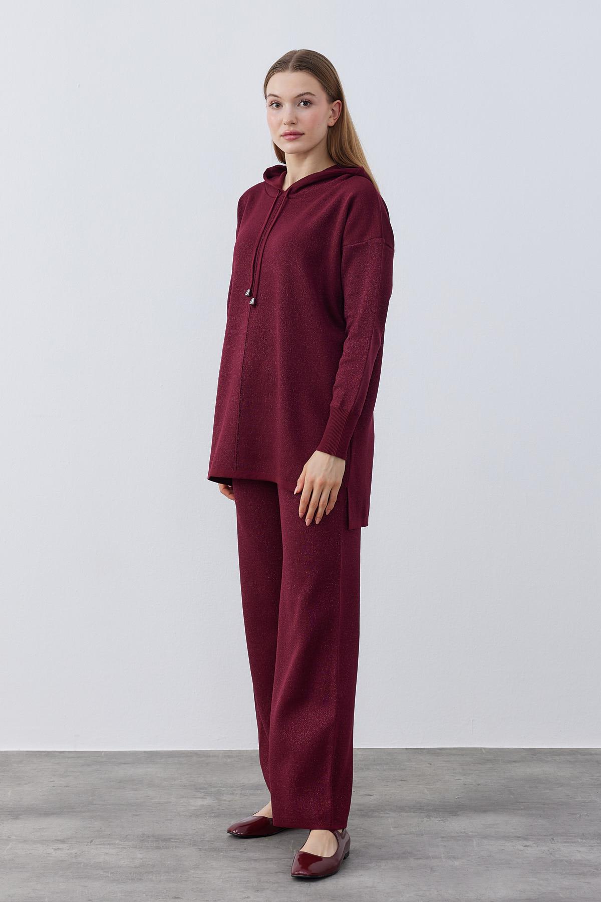 Juliet Simli Kapüşonlu Triko Takım -Bordo