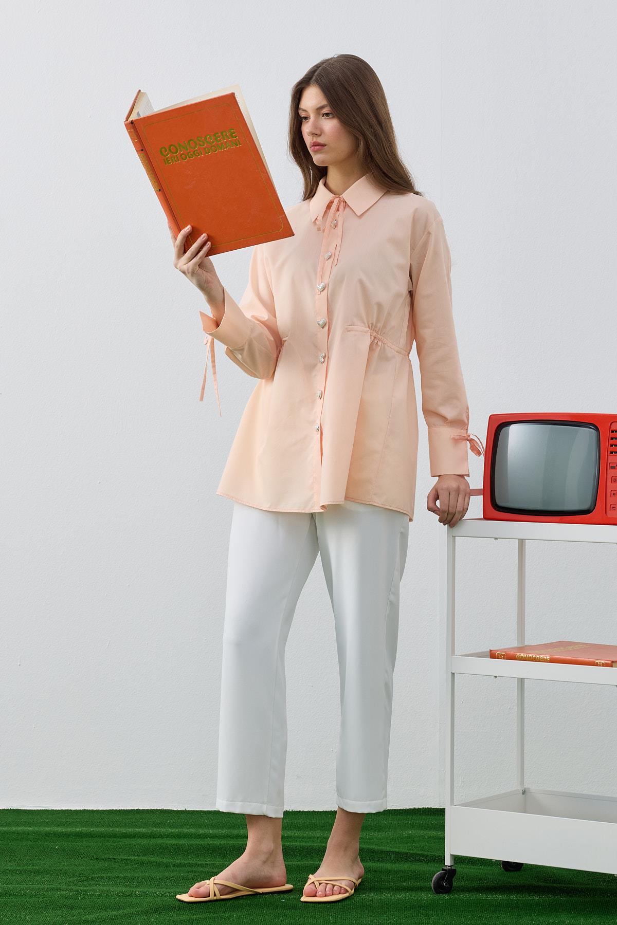 June Kalp Düğmeli Bel Ayarlı Gömlek- Kavuniçi 