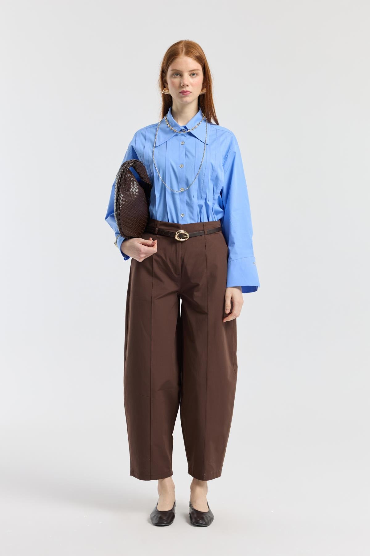 Kemerli Buggy Poplin Pantolon - Kahverengi