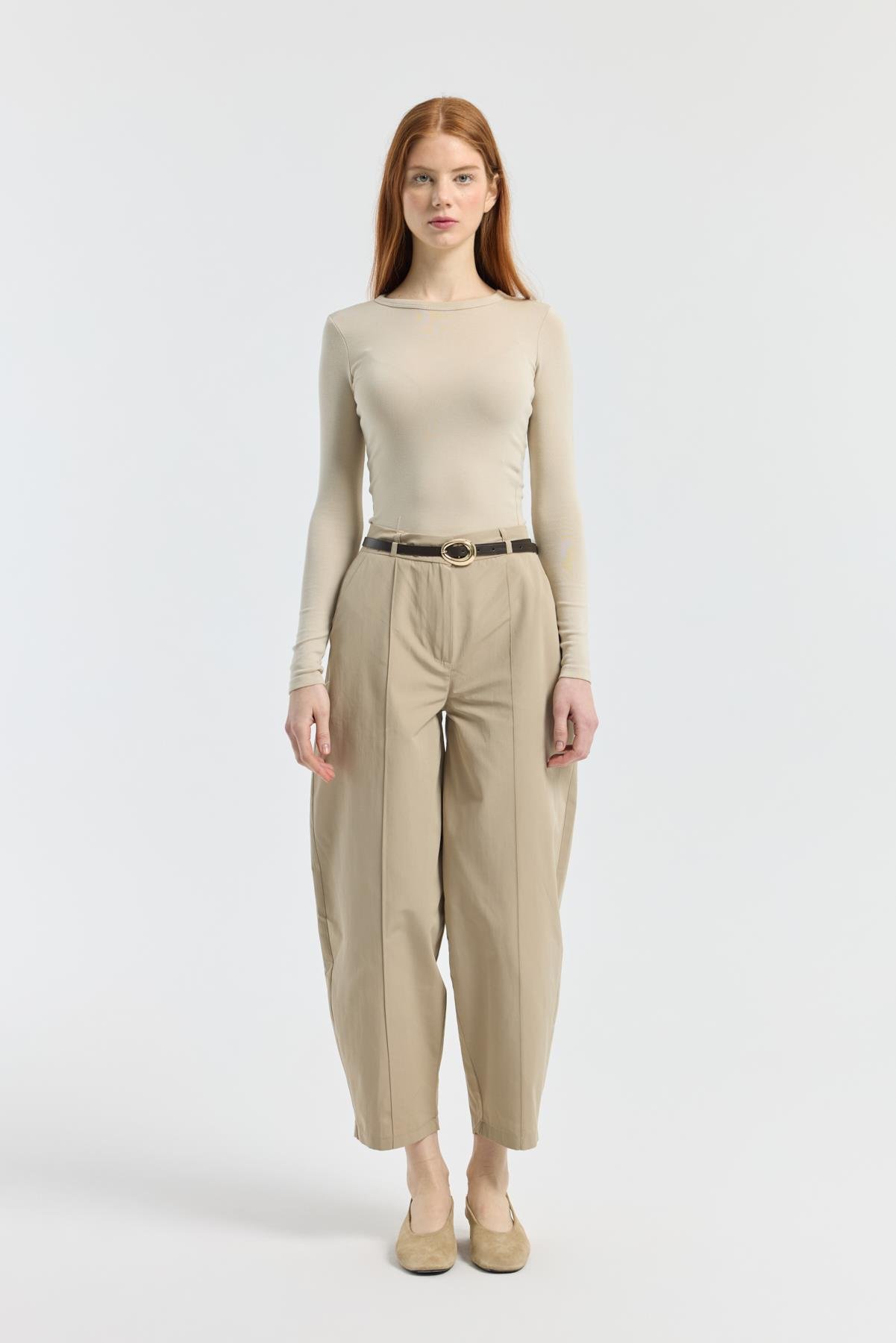 Kemerli Buggy Poplin Pantolon - Taş