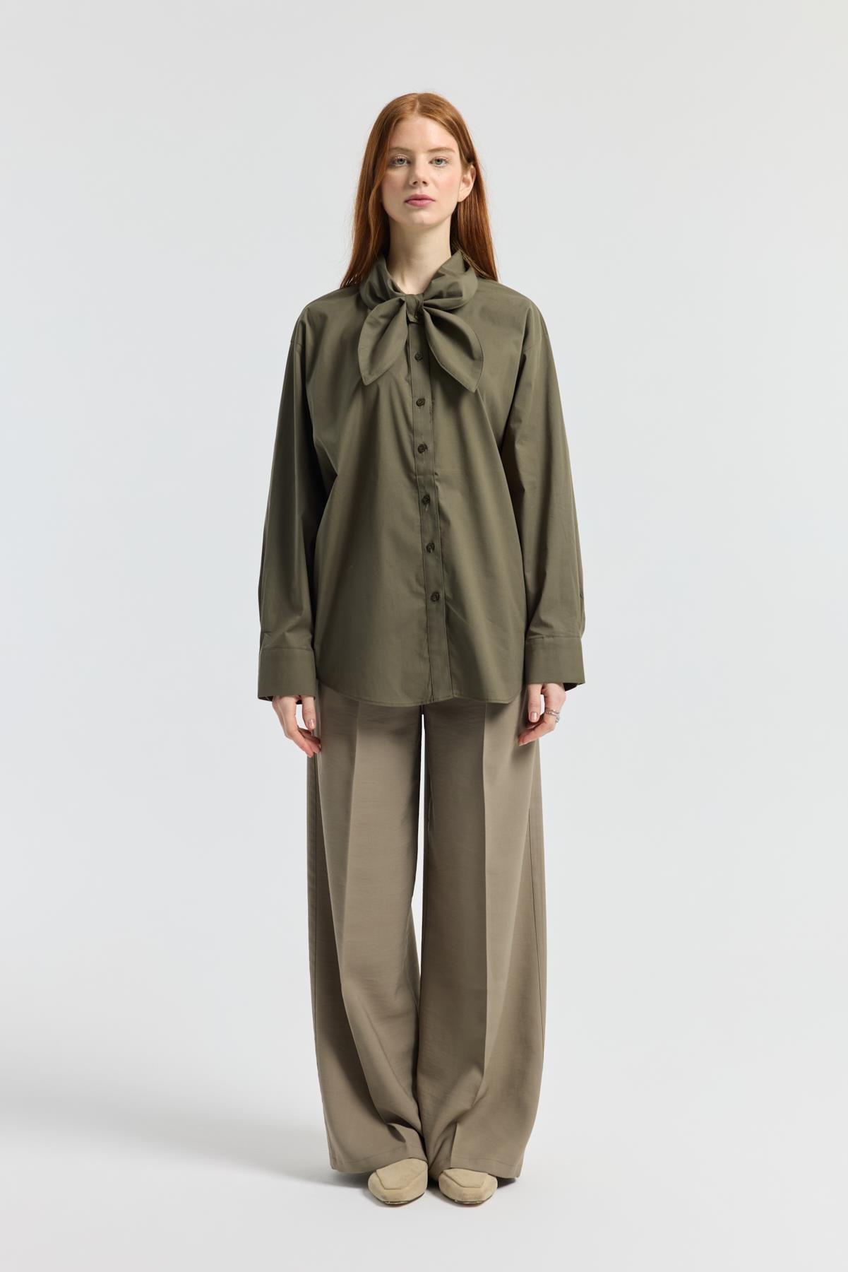 Kravatlı Poplin Gömlek - Haki 