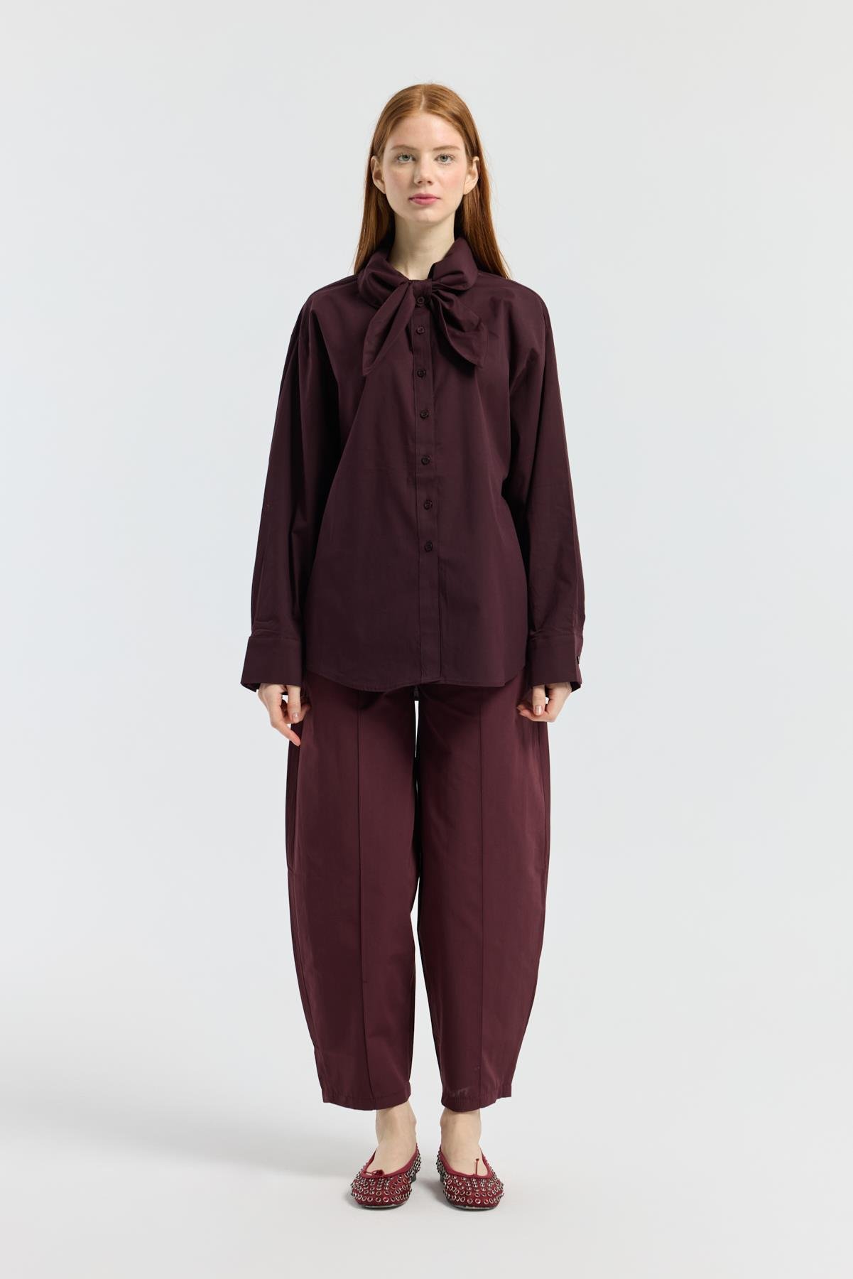 Kravatlı Poplin Gömlek - Mürdüm