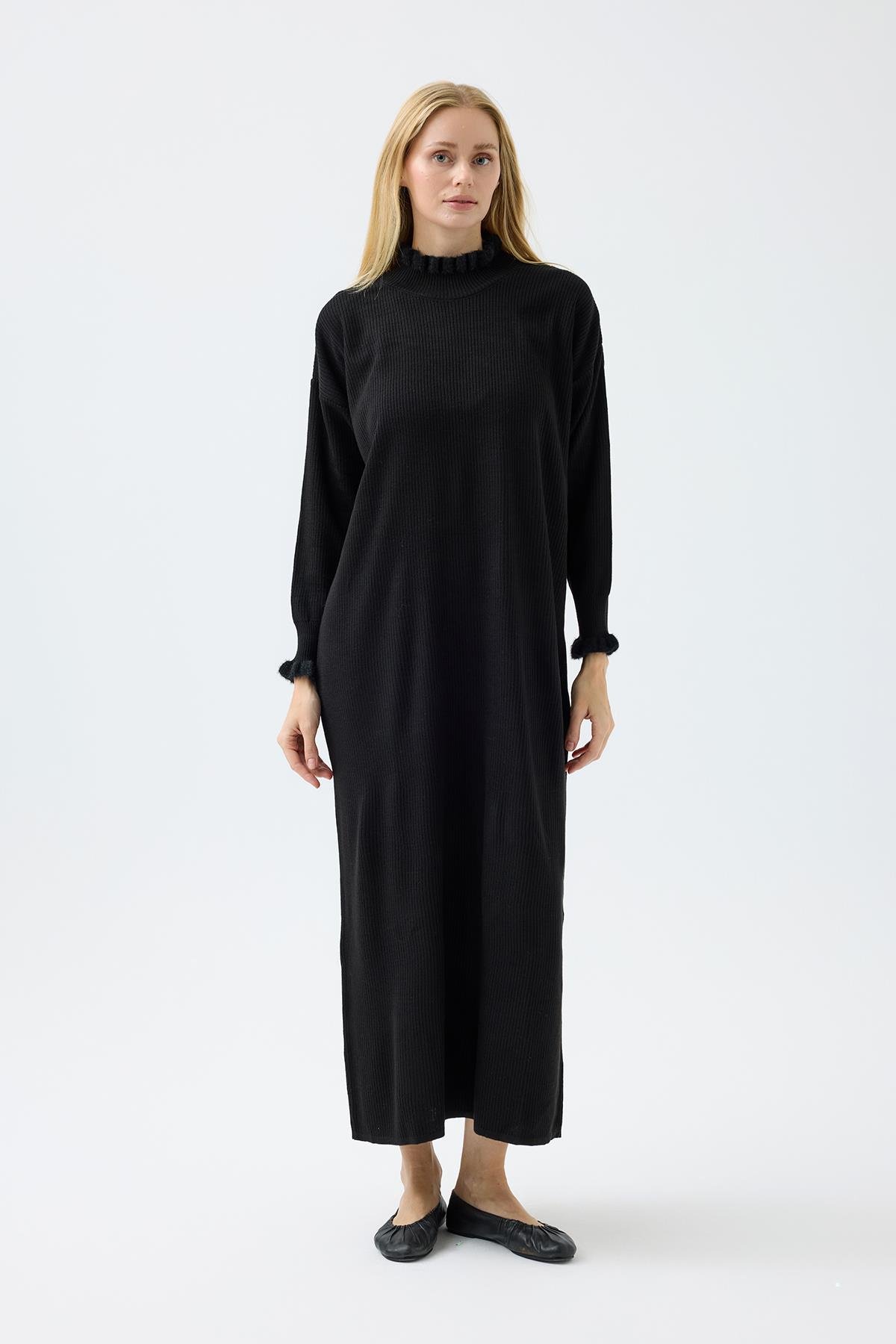 Laura Fitilli Tüylü Elbise - Siyah