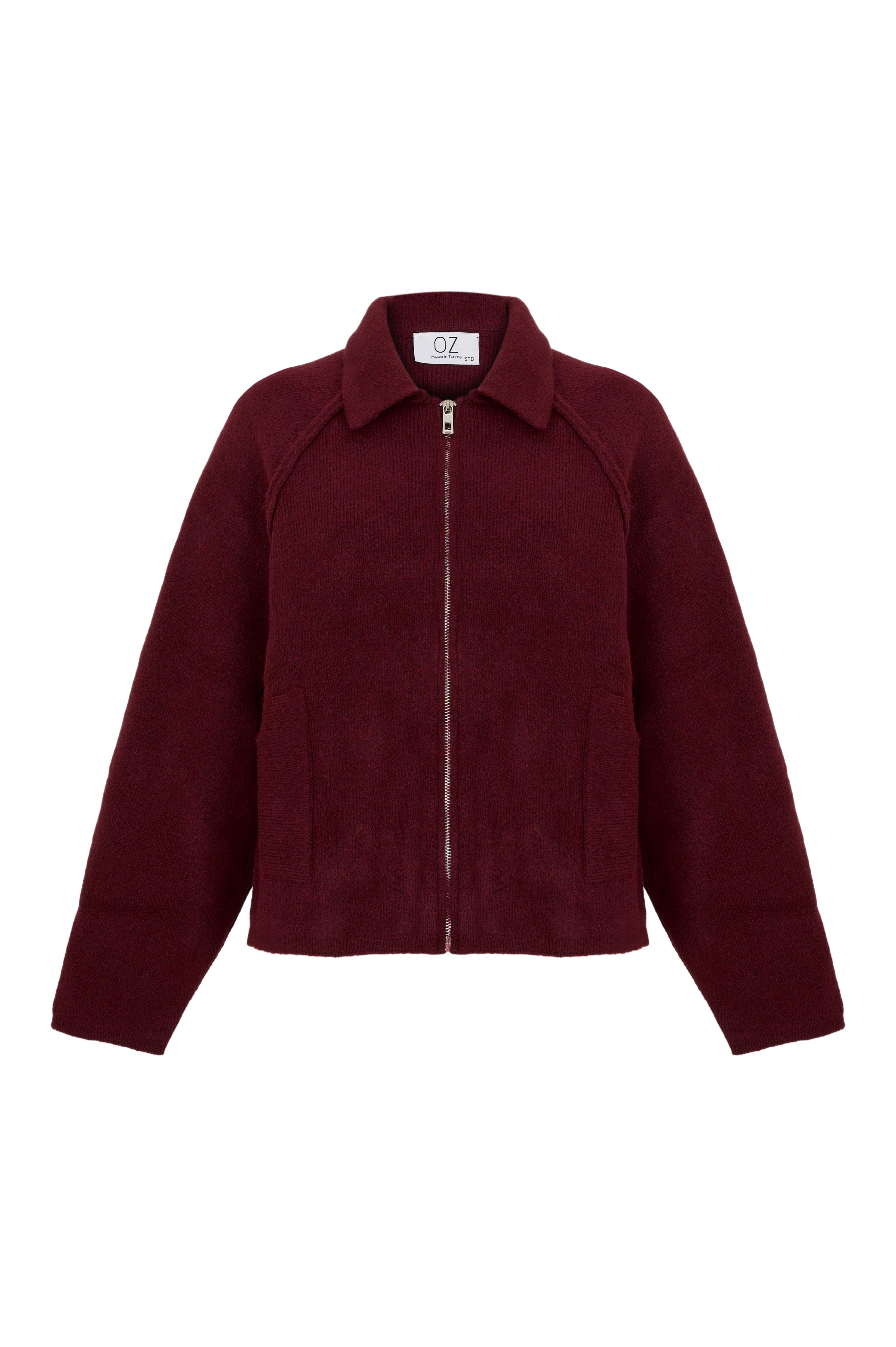 Lauren Fermuarlı Bomber Triko Hırka - Bordo