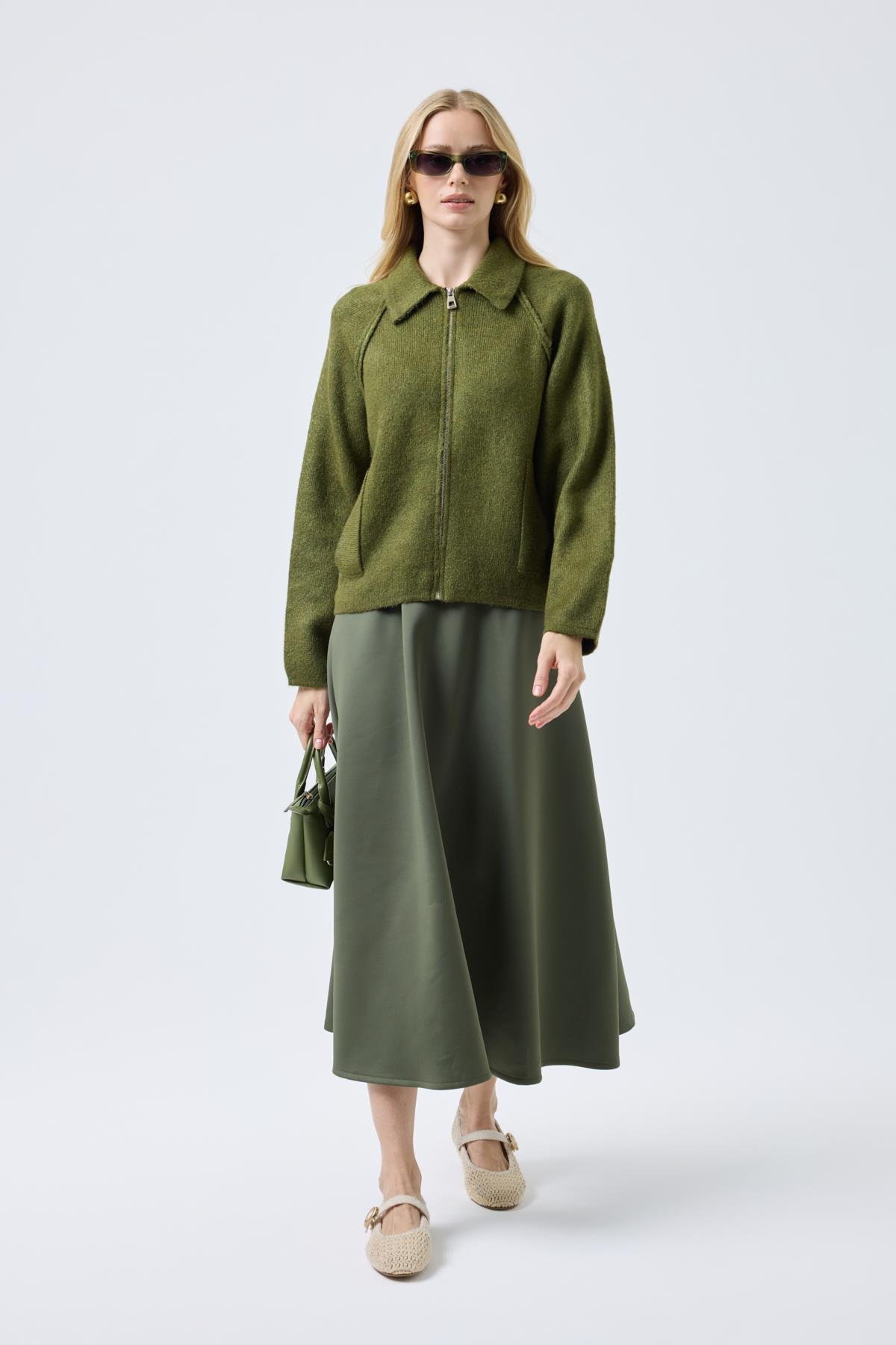 Lauren Fermuarlı Bomber Triko Hırka - Haki 