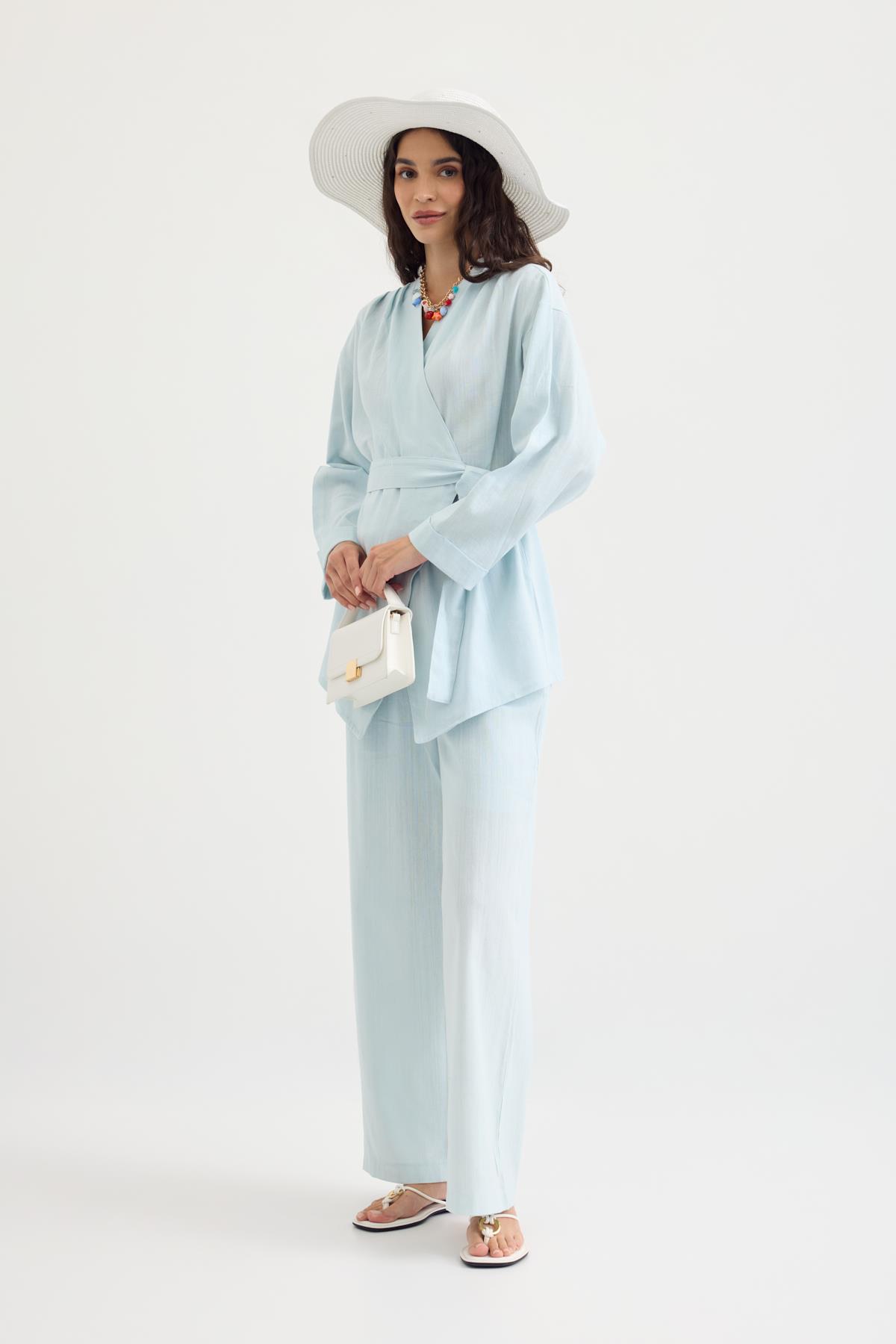 Leila Pileli Kuşaklı Keten Takım - Turkuaz