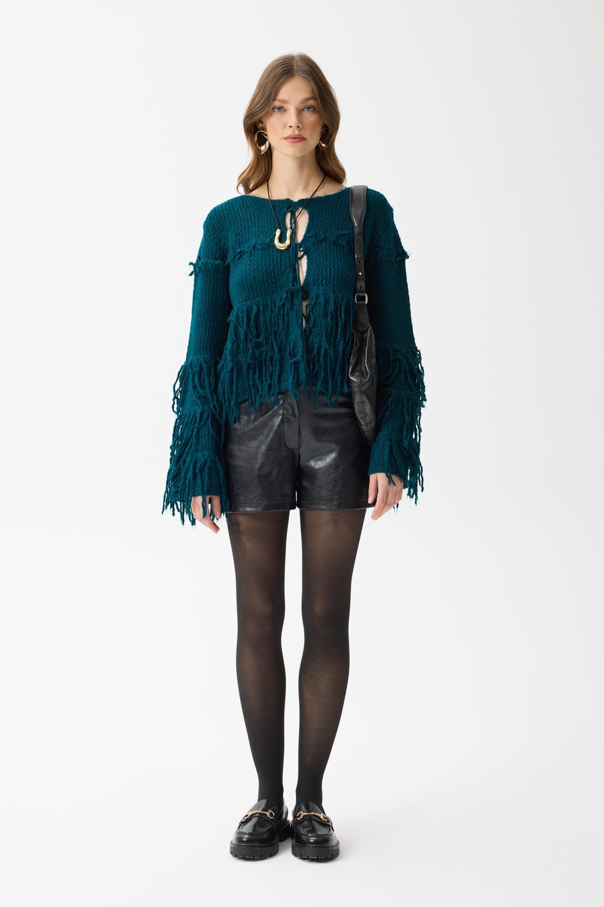 Lena Püsküllü Hırka - Petrol yeşil 