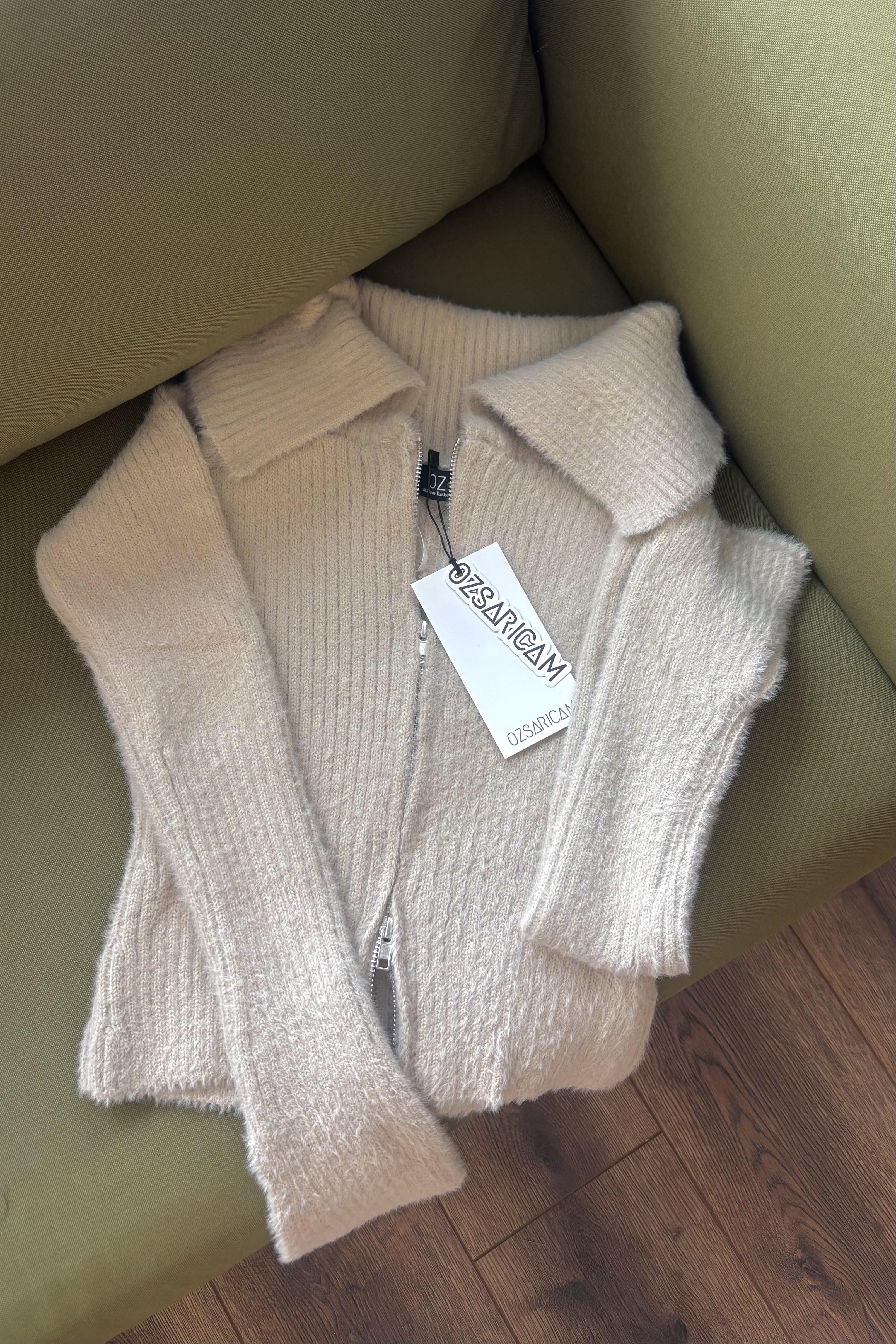 Lexa Denizci Yaka Fermuarlı Hırka - Bej