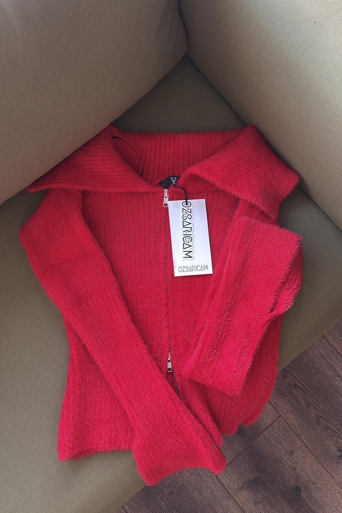 Lexa Denizci Yaka Fermuarlı Hırka - Kırmızı